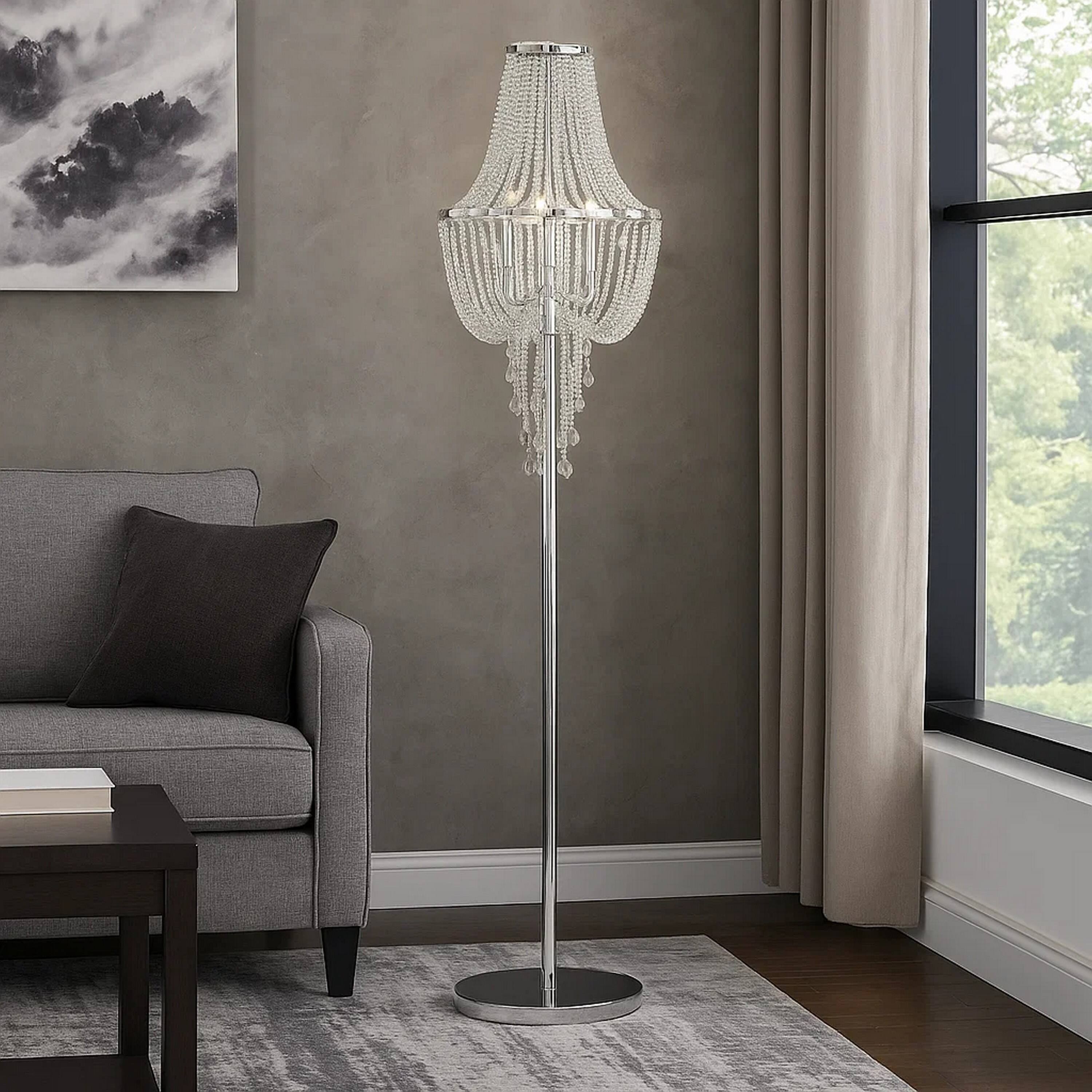Alt View 2. Manhattan Lane - Cara 62 Inch Floor Lamp, Hanging Drop Design, Crystal and Metal, Chrome.