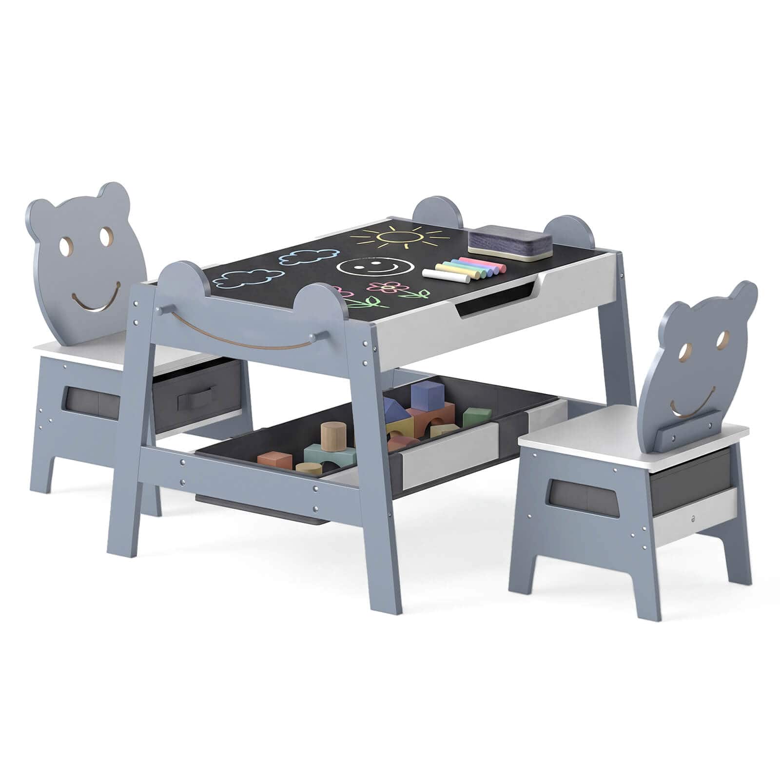 Costway - 5-in-1 Kids' Table & Chair Set with Chalkboard, Whiteboard, 3 Storage Bins, 4 Hooks - Gray,White