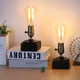 Oumilen - 2 Pack Industrial Mini Table Lamps – Vintage Wood Base Edison Desk Lamps with Rotary Switch, E26 Max 60W