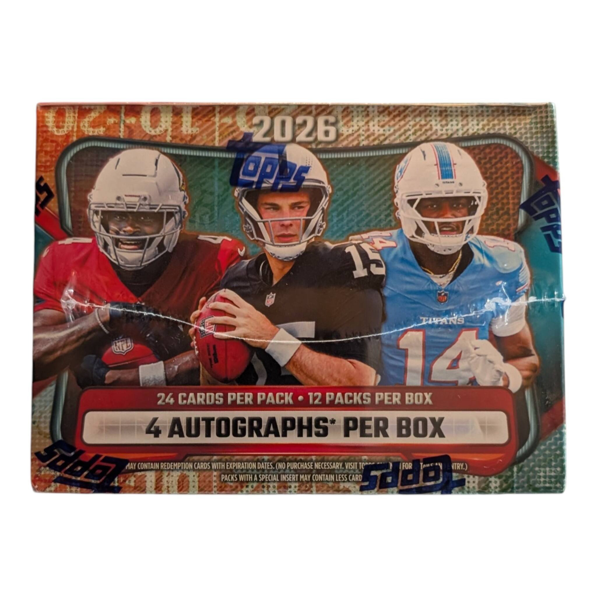 SO OT 2026  
15 Topps TITANS HTL LX  
24 CARDS PER PACK  
12 PACKS PER BOX  
4 AUTOGRAPHS* PER BOX  
LOPPS MAY CONTAIN REDEMPTION CARDS WITH EXPIRATION DATES.  
SPECIAL (NO INSERT PURCHASE MAY CONTAIN NECESSARY. LESS VISIT CARD Sdoo TO FOR TRY.)