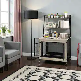 Hivvago - Industrial Dog Cage Table with Integrated Multi-Level Shelves - Grey