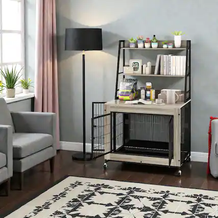 Front. Hivvago - Industrial Dog Cage Table with Integrated Multi-Level Shelves - Grey.