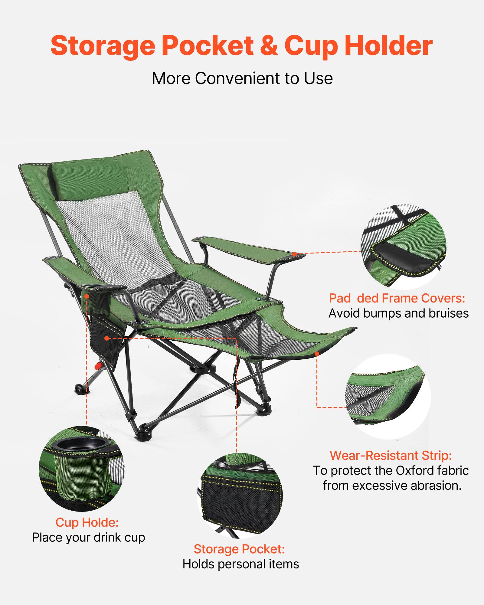 Storage Pocket & Cup Holder  
More Convenient to Use  

- Cup Holder:  
  Place your drink cup  

- Storage Pocket:  
  Holds personal items  

- Pad ded Frame Covers:  
  Avoid bumps and bruises  

- Wear-Resistant Strip:  
  To protect the Oxford fabric from excessive abrasion.