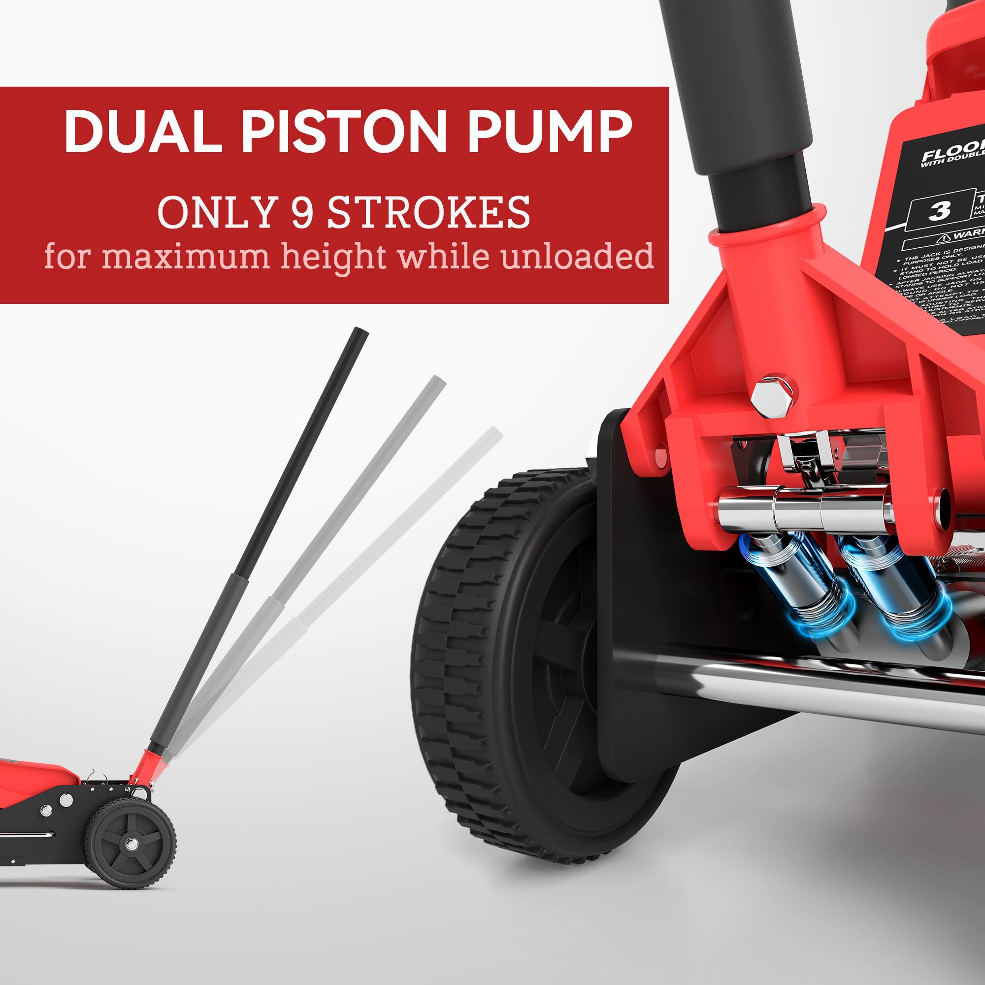 DUAL PISTON PUMP FLOOR WITH DOUBLE PISTONS ONLY 9 STROKES for maximum height while unloaded