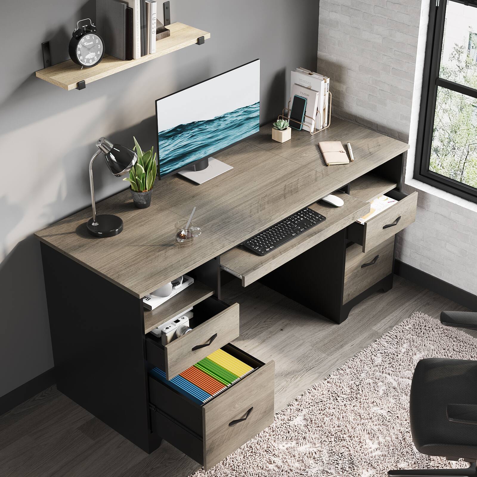 Alt View 15. Bestier - 59" Wide Office Desk with Four Drawers and File Drawer Computer Desk - Gray.