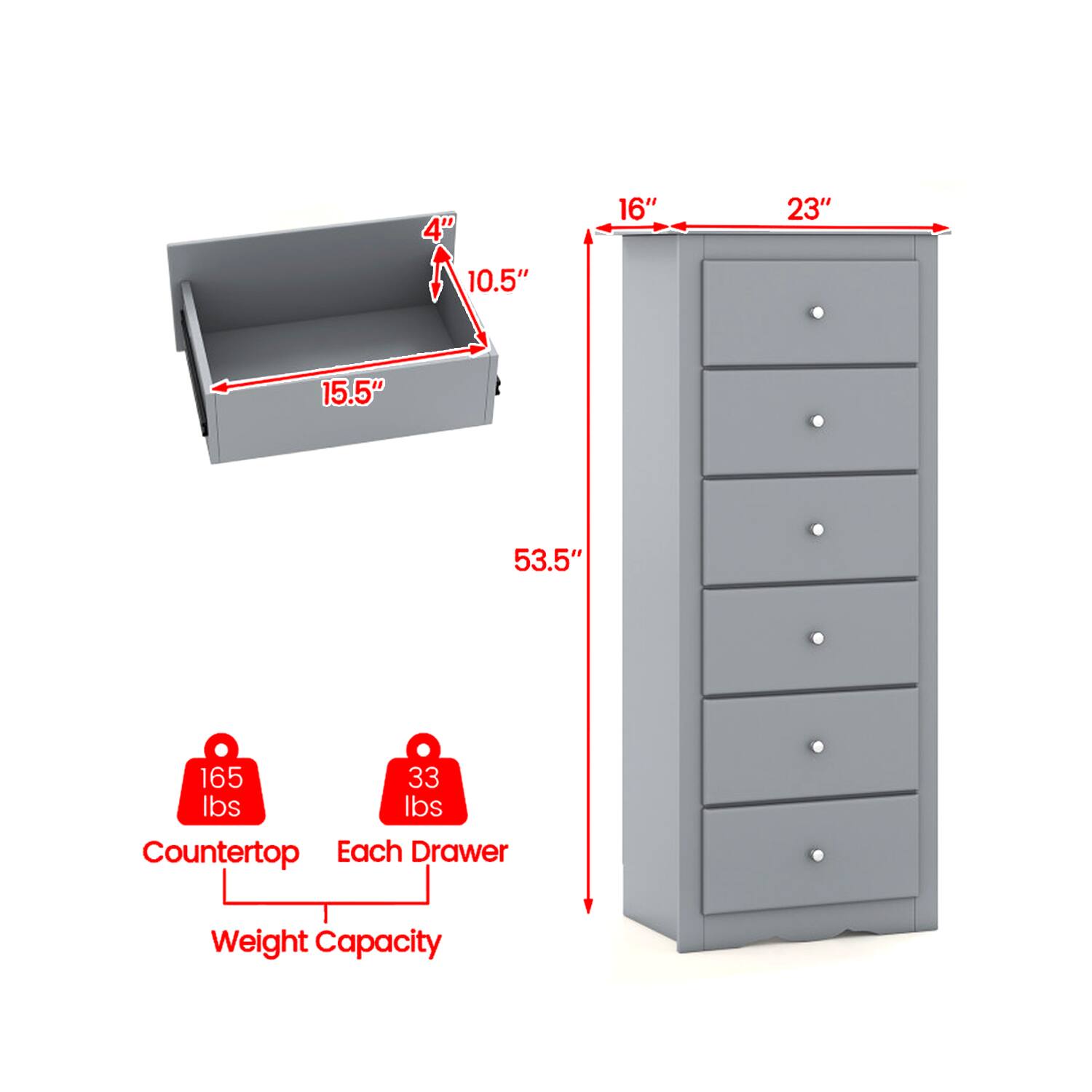 4" 16" 23" 10.5" 15.5" 53.5" 165 lbs 33 lbs Countertop Each Drawer Weight Capacity