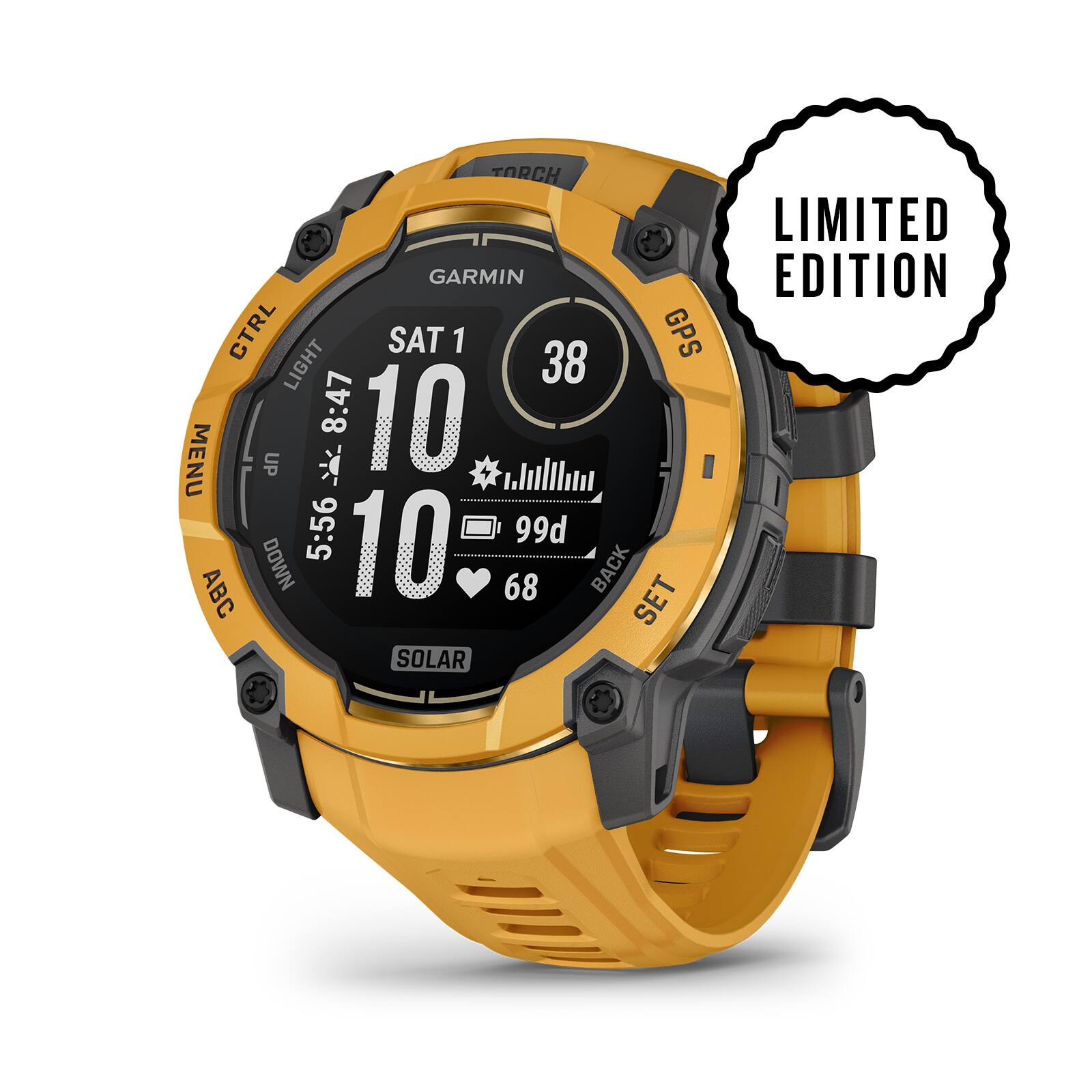 TARCH GARMIN CTRL SAT 1 38 GPS LIGHT 8:47 10 MENU UP : hlthot 5:56 10 99d ABC DOWN 68 BACK SET SOLAR LIMITED EDITION