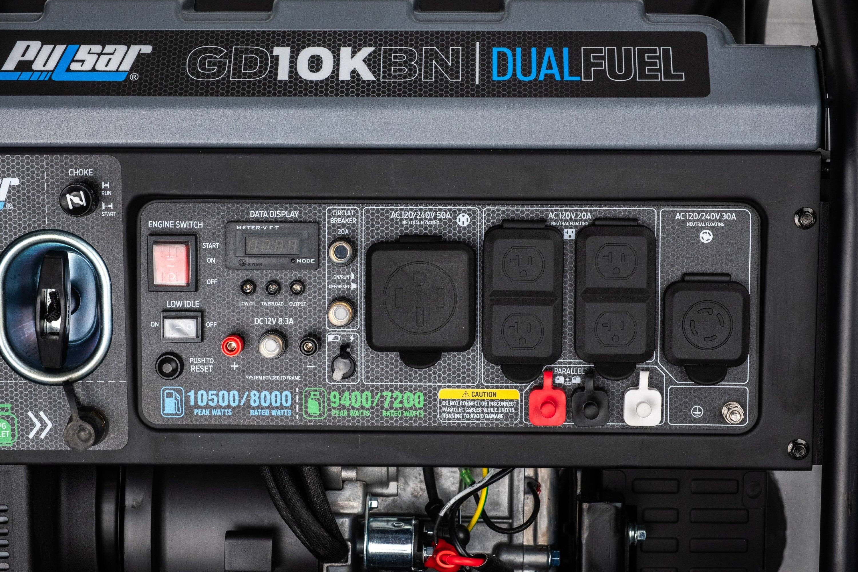 Pulsar GD10KBN DUALFUEL

CHOKE
RUN
START

ENGINE SWITCH
START ON
OFF

DATA DISPLAY
METER V-FT

CIRCUIT BREAKER
20A

AC 120/240V 50A
NEUTRAL FLOATING

AC 120/240V 30A
NEUTRAL FLOATING

LOW IDLE
ON
OFF

PUSH TO RESET

SYSTEM BONDED TO FRAME

10500/8000 PEAK WATTS
RATED WATTS

9400/7200 PEAK WATTS
RATED WATTS

CAUTION
DO NOT DISCONNECT PARALLEL CABLES WHILE RUNNING TO AVOID DAMAGE

DC 12V 8.3A

PARALLEL