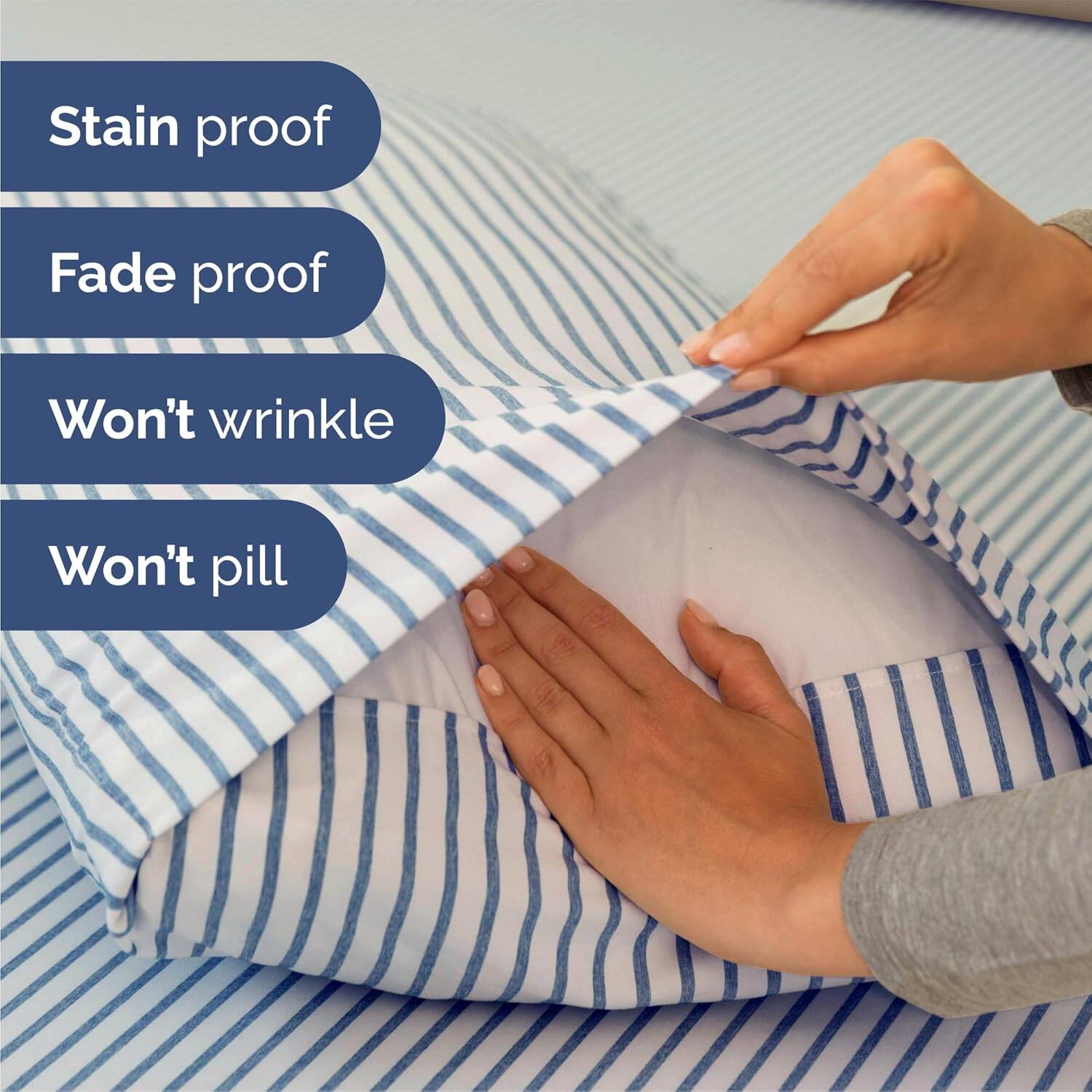 Stain proof  
Fade proof  
Won't wrinkle  
Won't pill