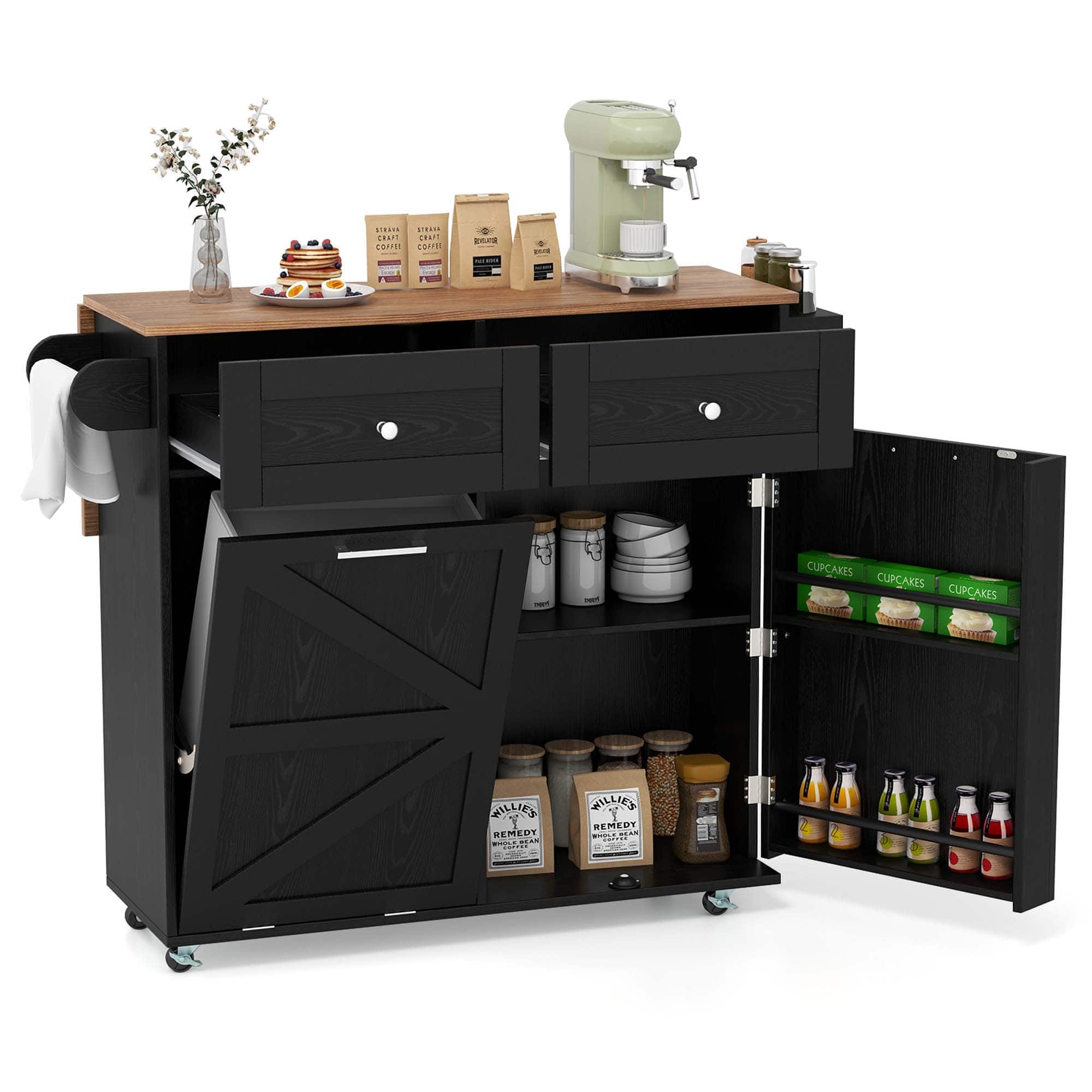 Costway - Rolling Kitchen Island Kitchen Island Cart with Drop Leaf Trash Can Cabinet - Black