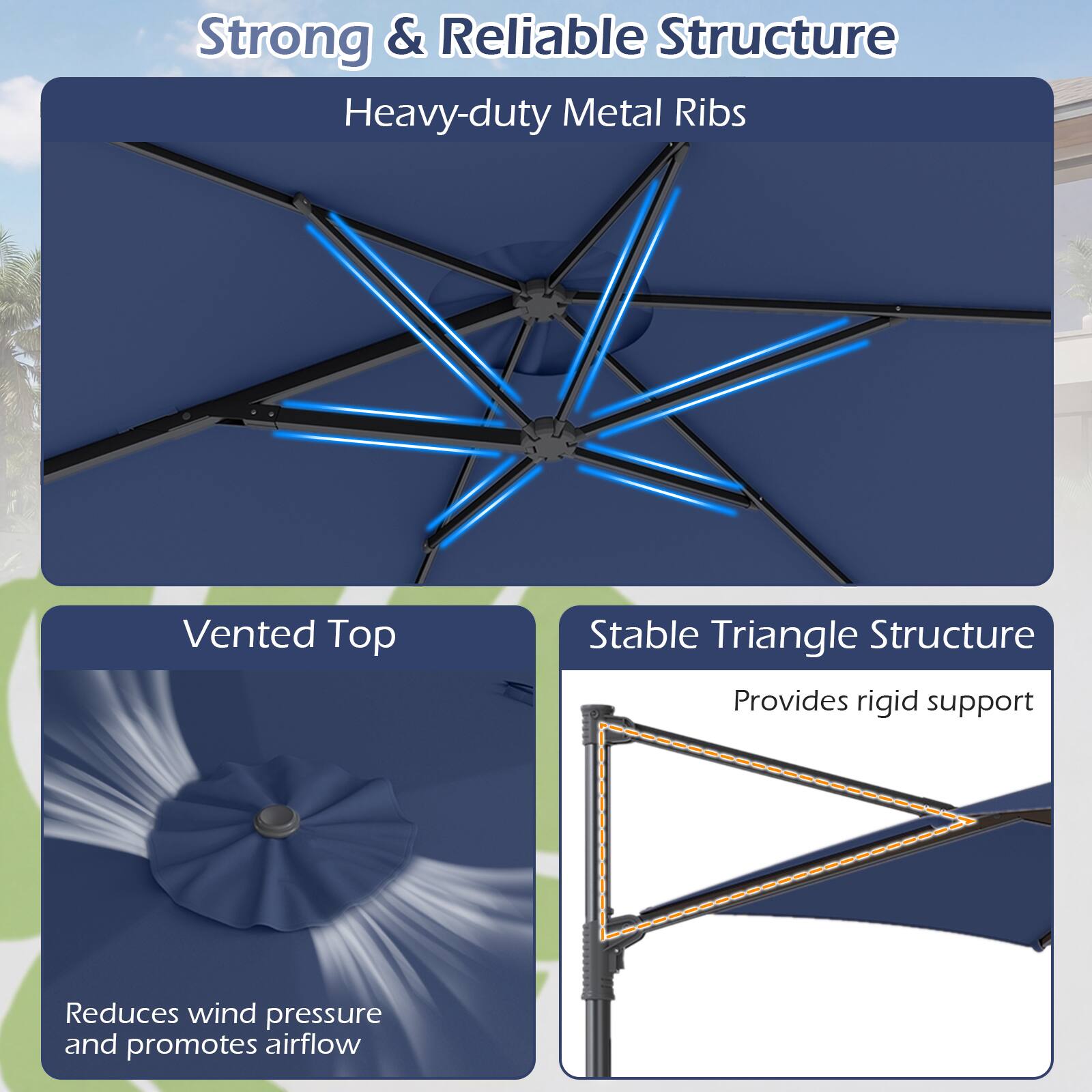 Strong & Reliable Structure  
Heavy-duty Metal Ribs  
Vented Top  
Reduces wind pressure and promotes airflow  
Stable Triangle Structure  
Provides rigid support