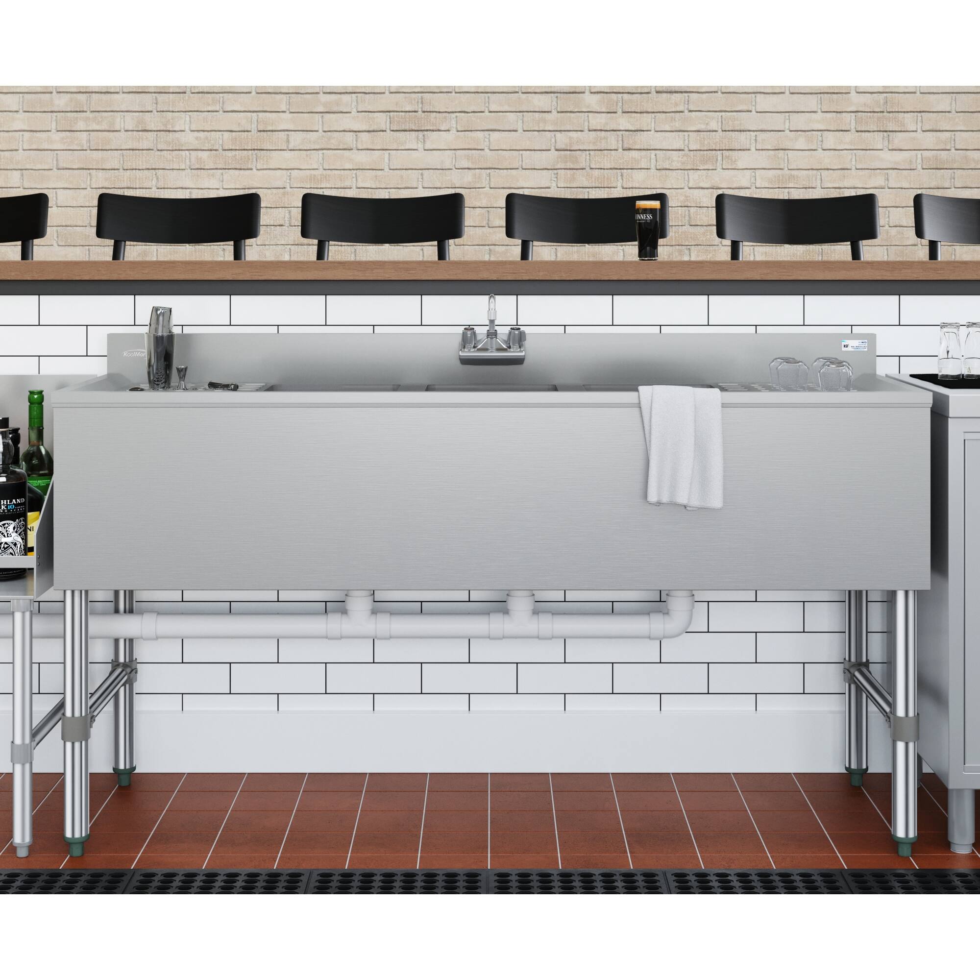 Back. Koolmore - 60 in. Three-Compartment  Bar-Sink with 3 in. Backsplash, Dual Drainboards with Low Lead Faucet, NSF Certified - Stainless Steel.