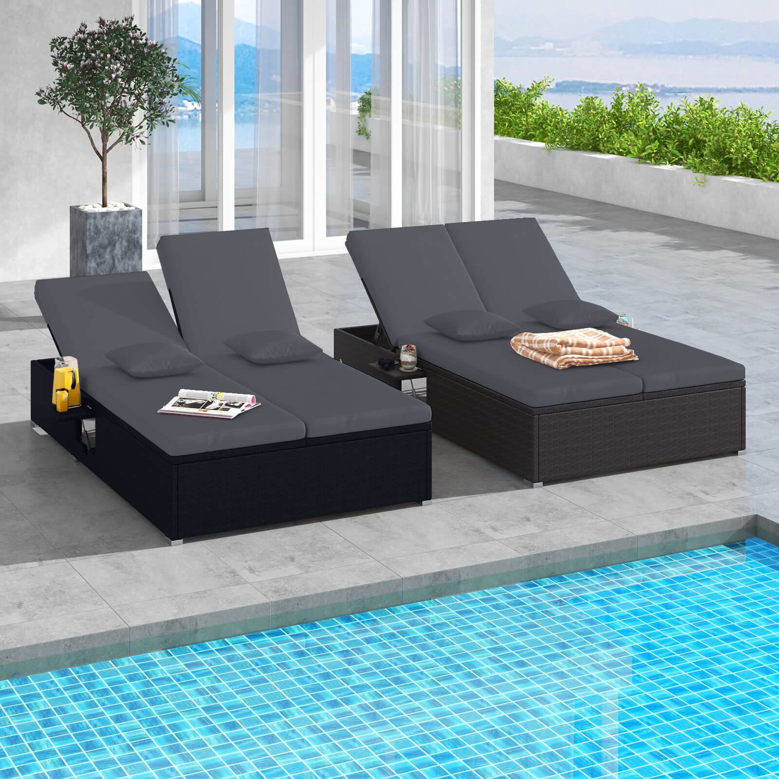 Alt View 3. Costway - Costway Outdoor Patio Daybed PE Wicker Double Chaise Lounge with Adjustable Backrests - Gray,Mix Brown.