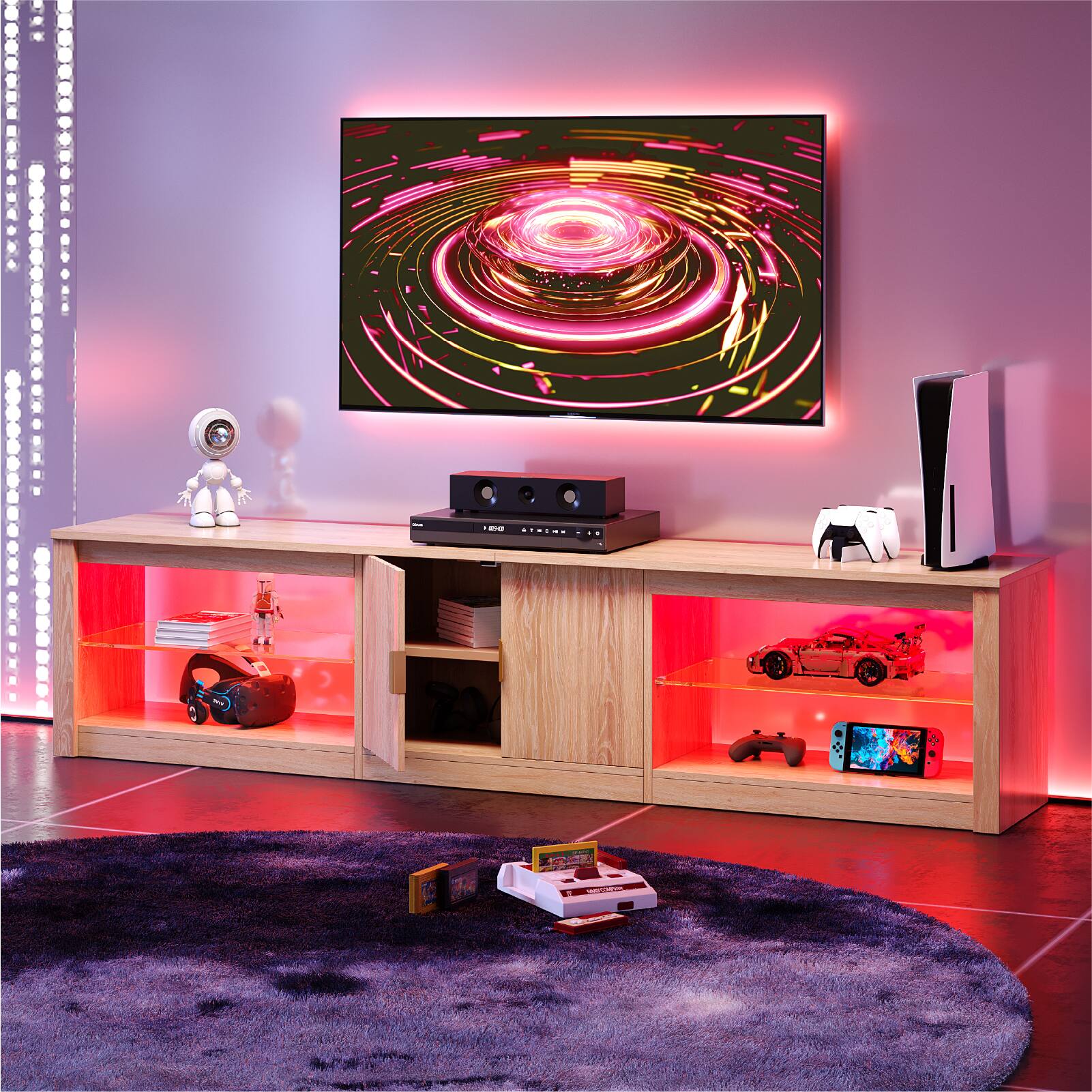 Back. Bestier - 80-inch TV Stand for 75-90 Inch TVs, LED Lights, Fluted Cabinet & Adjustable Shelves - Natual Oak.