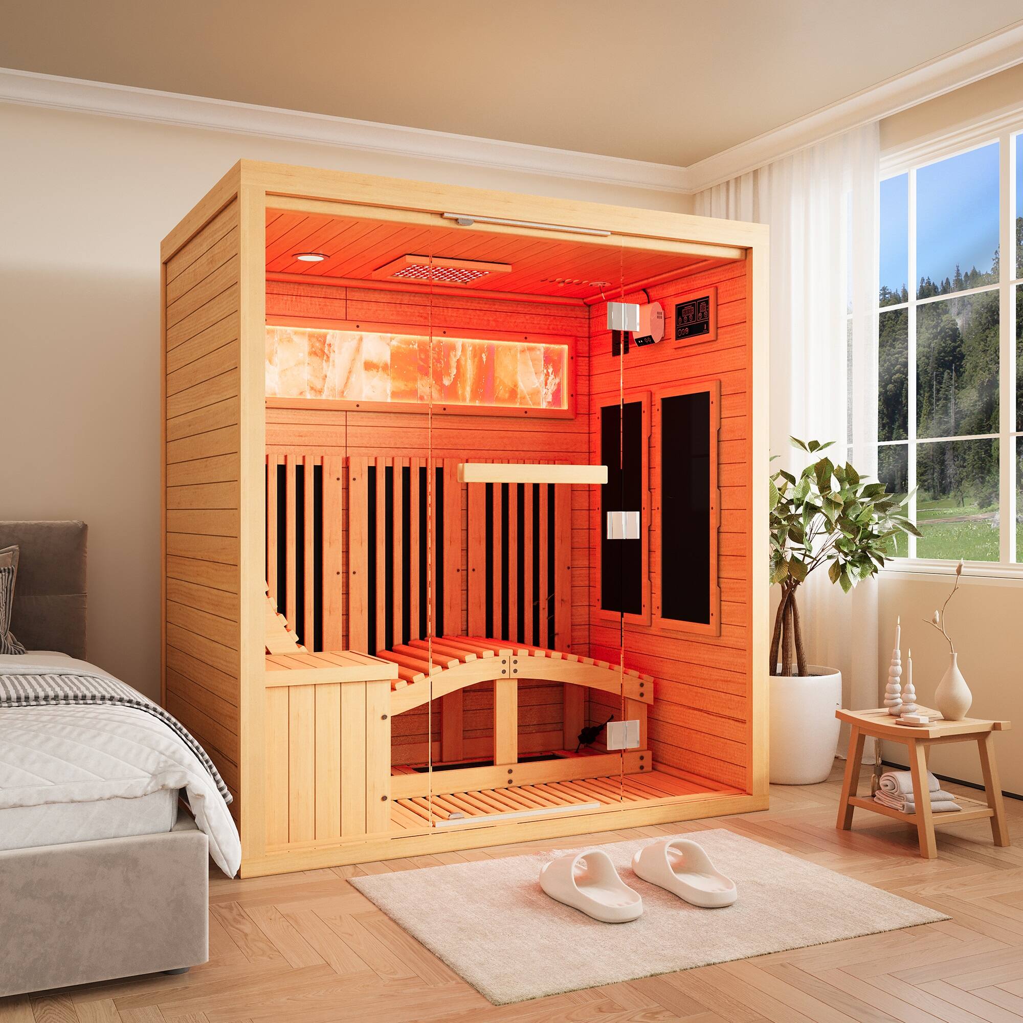 Angle. U-HOMY - Deluxe Home Sauna: Hemlock Infrared Cabin with Himalayan Salt Wall and Chromotherapy Lighting - Wood.