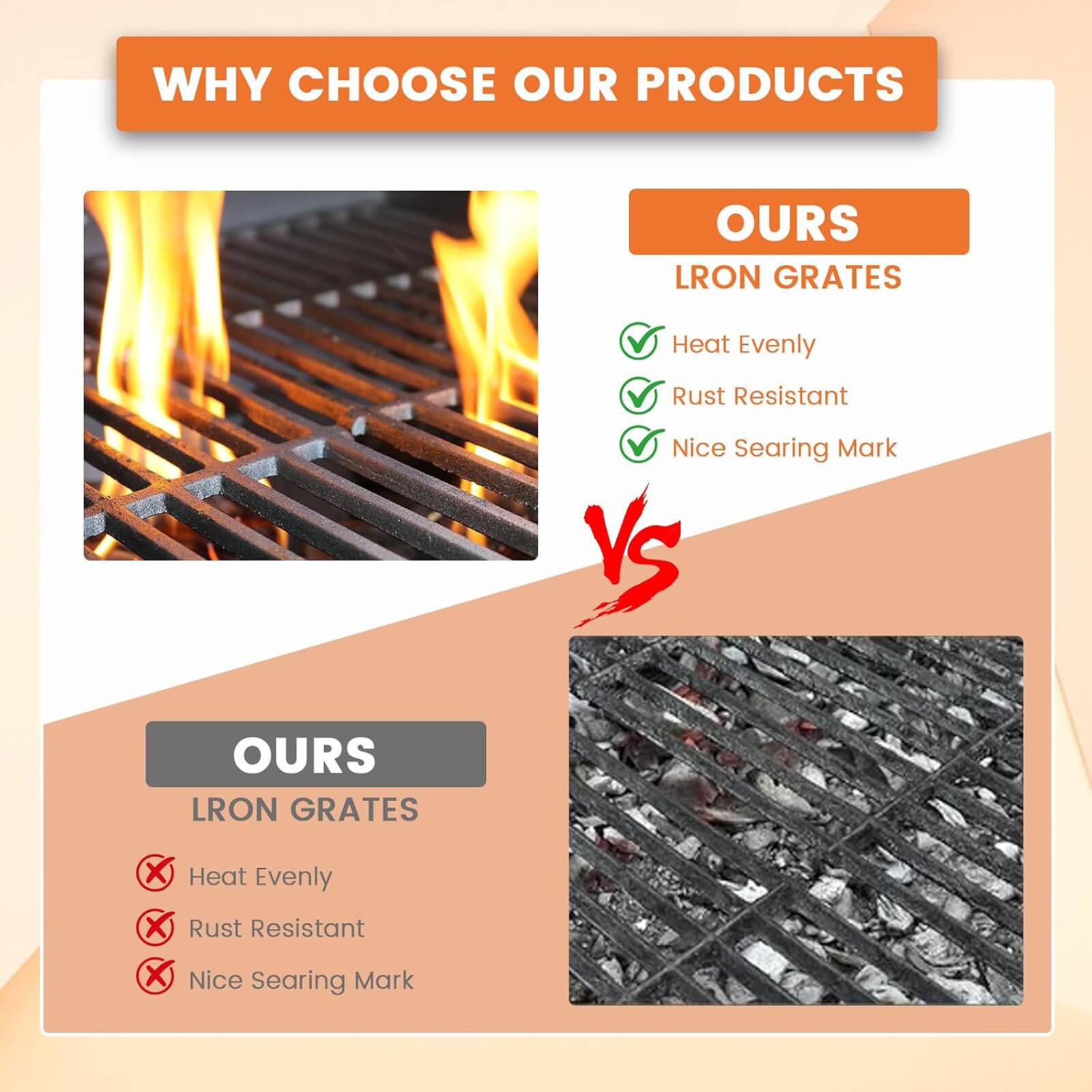**WHY CHOOSE OUR PRODUCTS**

**OURS**  
LRON GRATES  
- Heat Evenly  
- Rust Resistant  
- Nice Searing Mark  

**VS**  

**OURS**  
LRON GRATES  
- Heat Evenly ❌  
- Rust Resistant ❌  
- Nice Searing Mark ❌