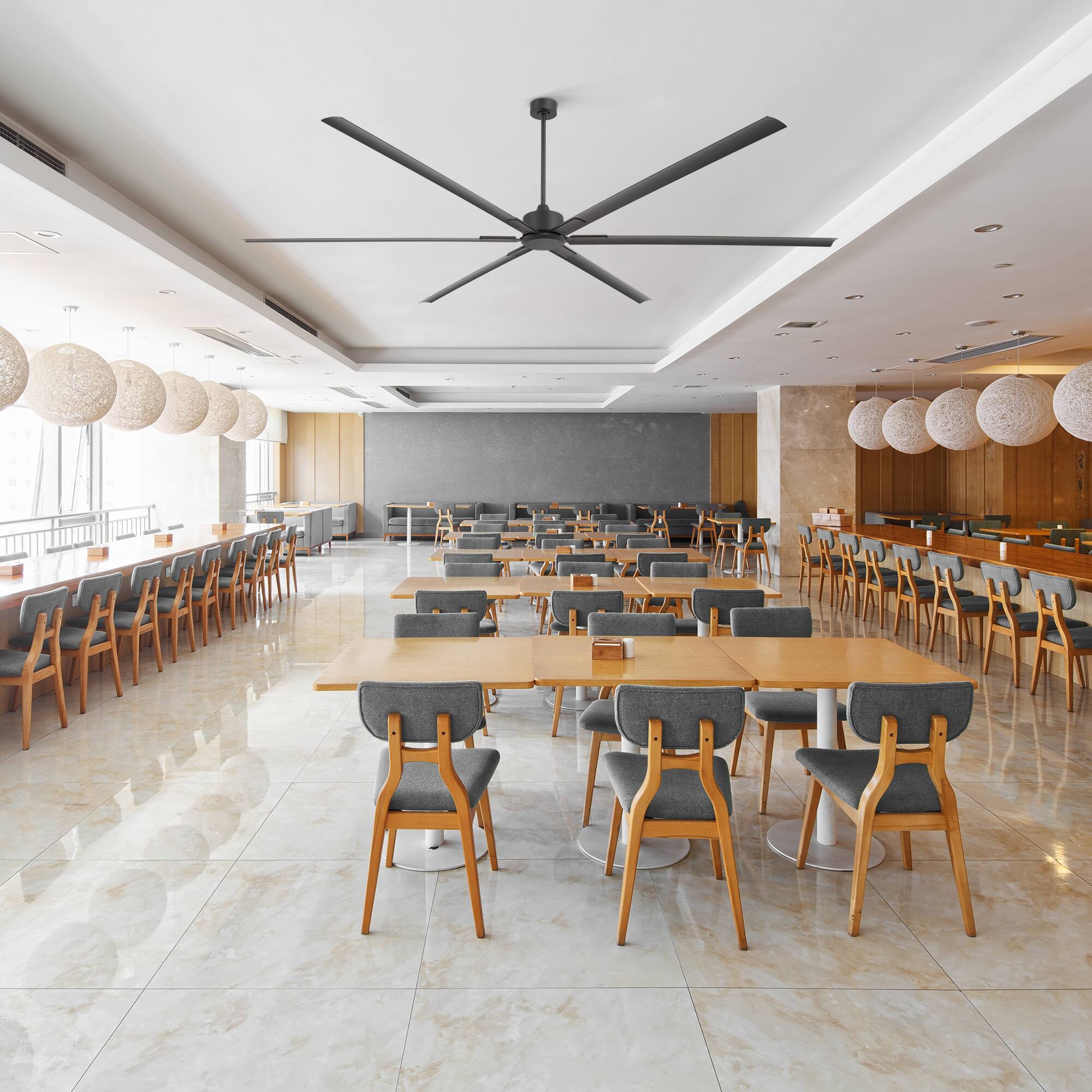 Back. Breezary - 120/144 Inch HVLS Industrial Ceiling Fan, DC Motor, 6 Aluminum Blades, Downrod Mount, High Airflow, Commercial Grade - 120-in Black.