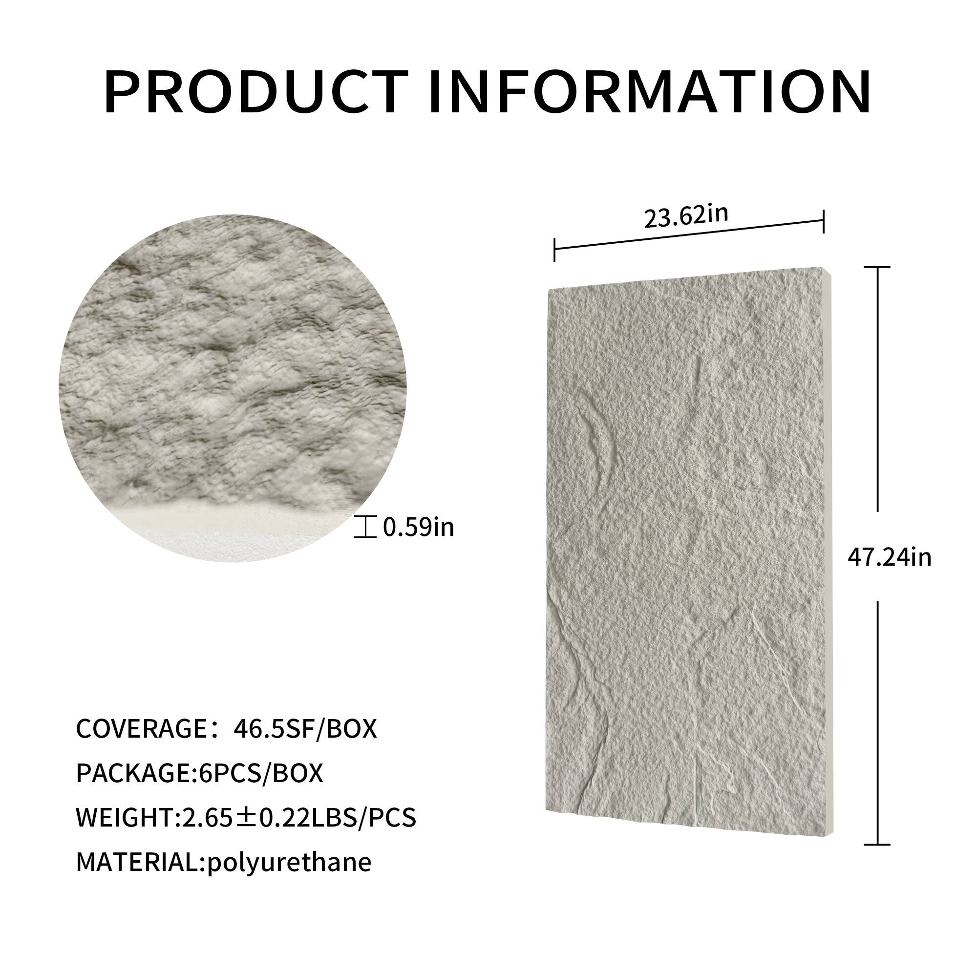 PRODUCT INFORMATION

23.62in  
0.59in  
47.24in  

COVERAGE: 46.5SF/BOX  
PACKAGE: 6PCS/BOX  
WEIGHT: 2.65 ± 0.22LBS/PCS  
MATERIAL: polyurethane