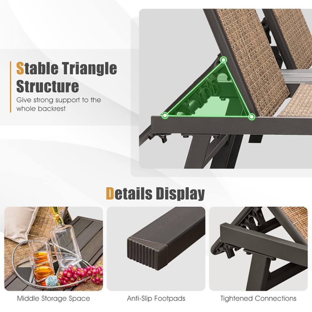 Stable Triangle Structure  
Give strong support to the whole backrest  

Details Display  
Middle Storage Space  
Anti-Slip Footpads  
Tightened Connections