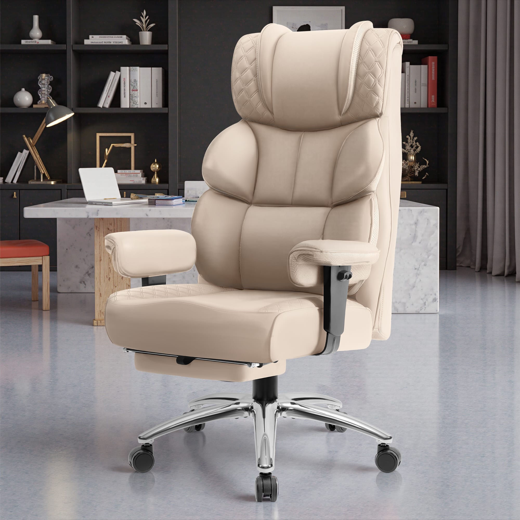 Front. Brick Attic - Big and Tall Ergonomic Office Chair, Wide Executive Leather Reclining Gaming Chair with Footrest, Beige - Beige.