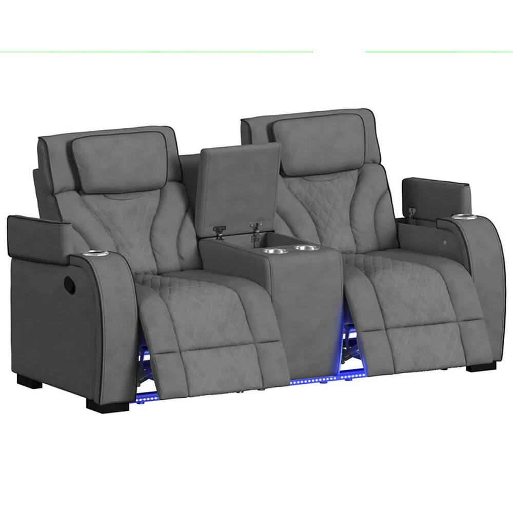 Left. Elements - Blitz Motion Loveseat with Console & LED - Simba Slate & Black Welt.