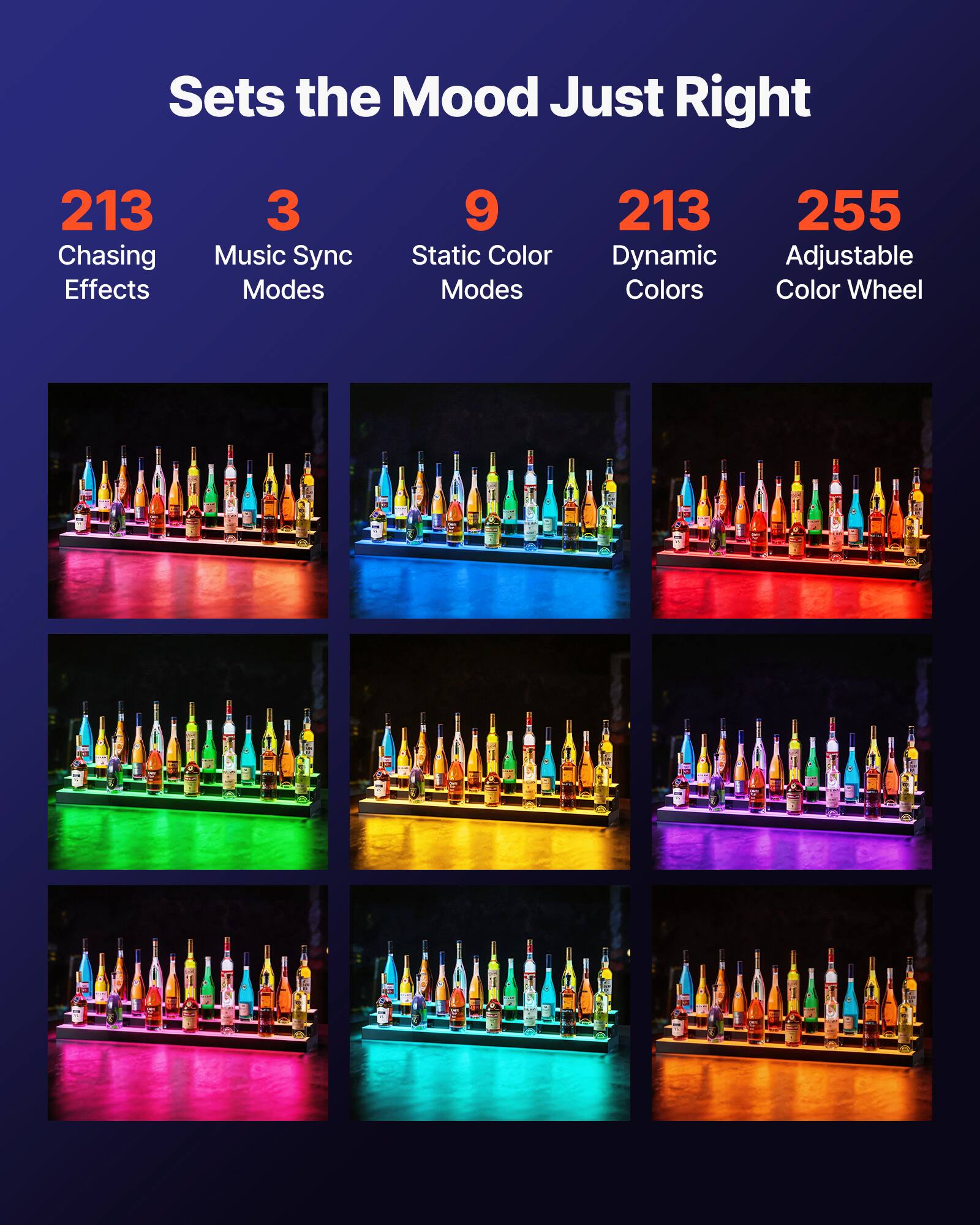 Sets the Mood Just Right

- 213 Chasing Effects
- 3 Music Sync Modes
- 9 Static Color Modes
- 213 Dynamic Colors
- 255 Adjustable Color Wheel