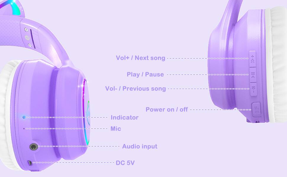 Vol+ / Next song  
Play / Pause  
Vol- / Previous song  
Power on / off  
Indicator  
Mic  
Audio input  
DC 5V