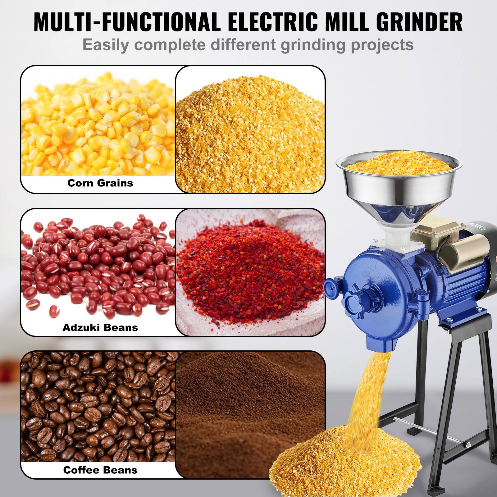 MULTI-FUNCTIONAL ELECTRIC MILL GRINDER  
Easily complete different grinding projects

Corn Grains  
Adzuki Beans  
Coffee Beans