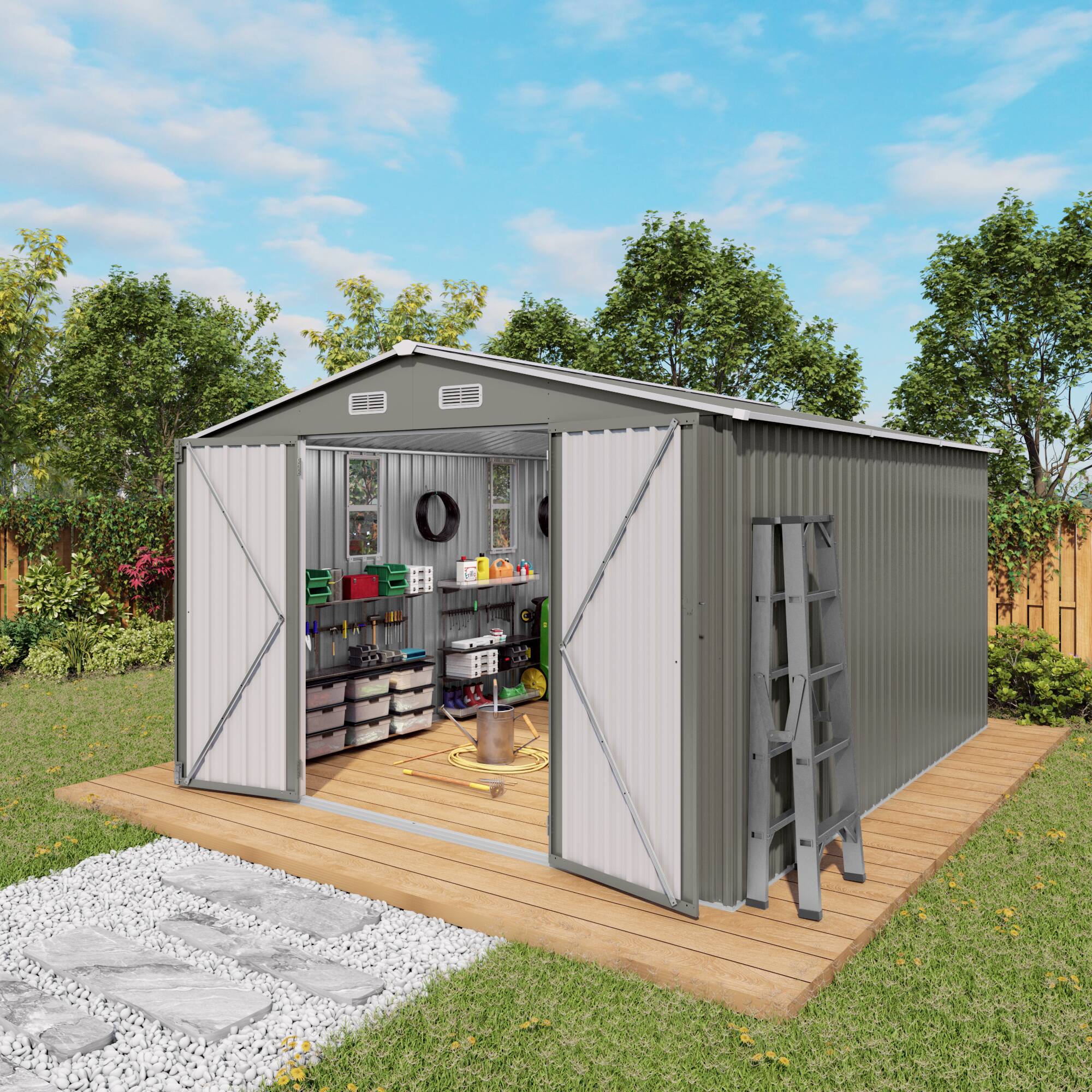 Left. APRILSOUL - 10ft Wide Galvanized Steel Shed Lockable Double Door Storage Workshop - Gray.