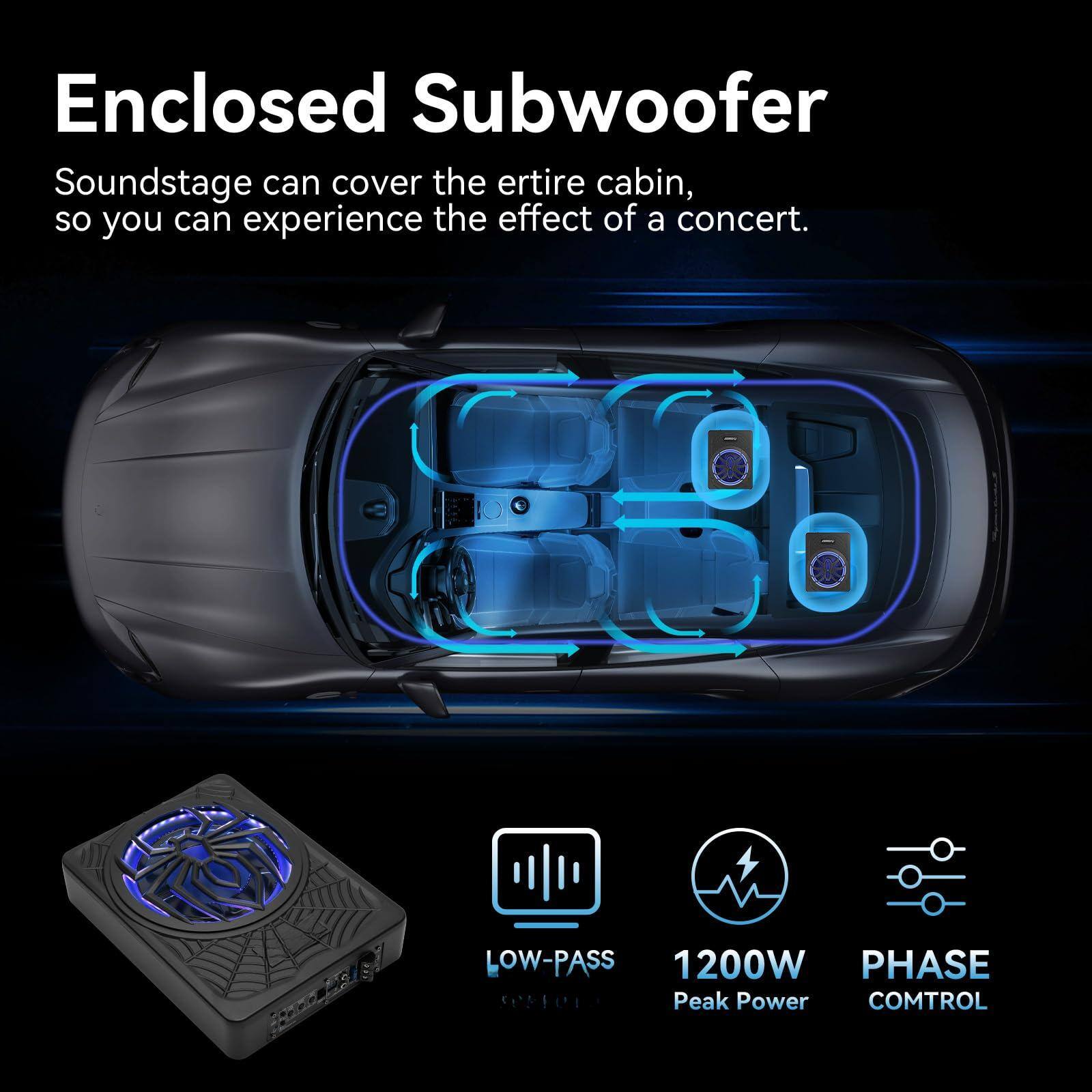 Enclosed Subwoofer

Soundstage can cover the entire cabin, so you can experience the effect of a concert.

- LOW-PASS
- 1200W Peak Power
- PHASE CONTROL