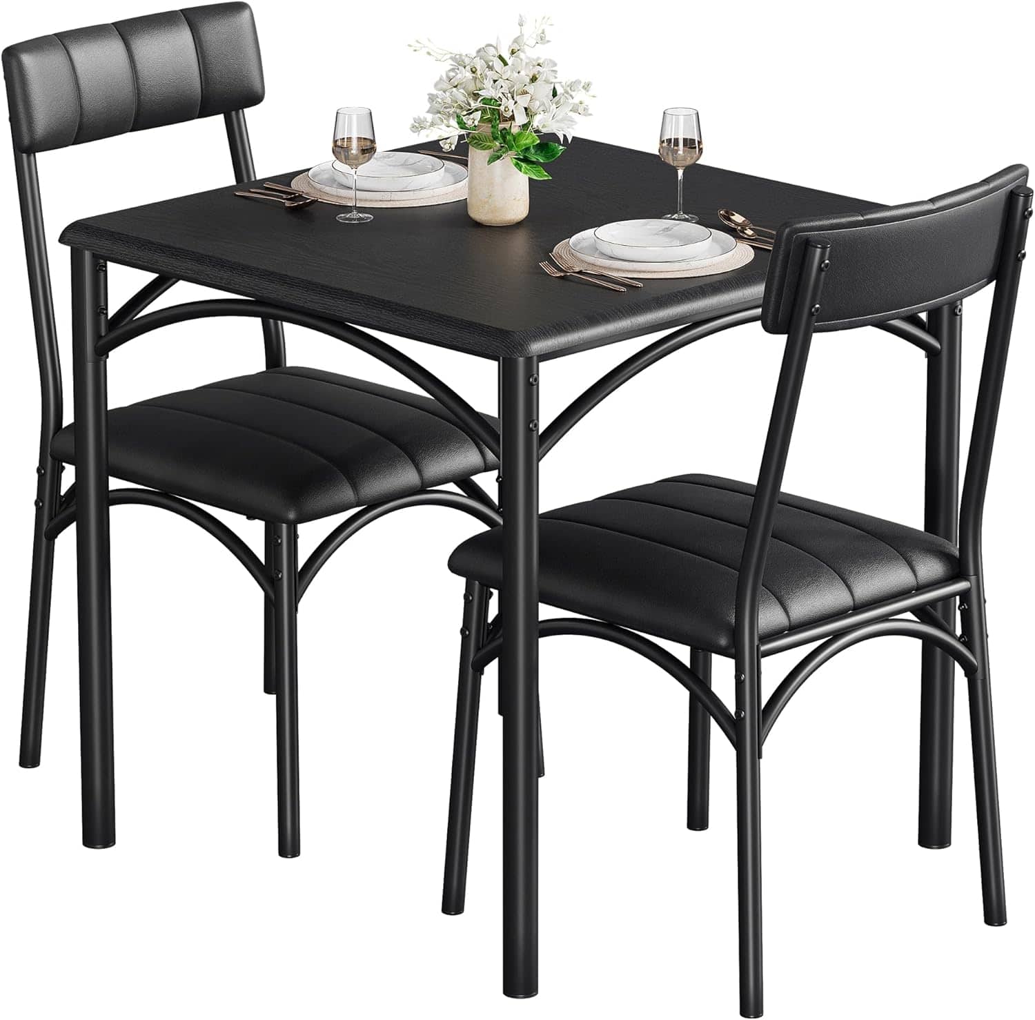 Acekool - Dining Table Set for 2, Wooden Kitchen Table and Chairs of 2 with Upholstered Chairs - Black