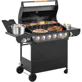 Chateau Abodes - 6-Burner Propane Gas Grill with Side Burner, 72000 BTU, Porcelain-Enameled Cast Iron Grates for Outdoor, Patio - Black