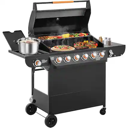 Front. Chateau Abodes - 6-Burner Propane Gas Grill with Side Burner, 72000 BTU, Porcelain-Enameled Cast Iron Grates for Outdoor, Patio - Black.