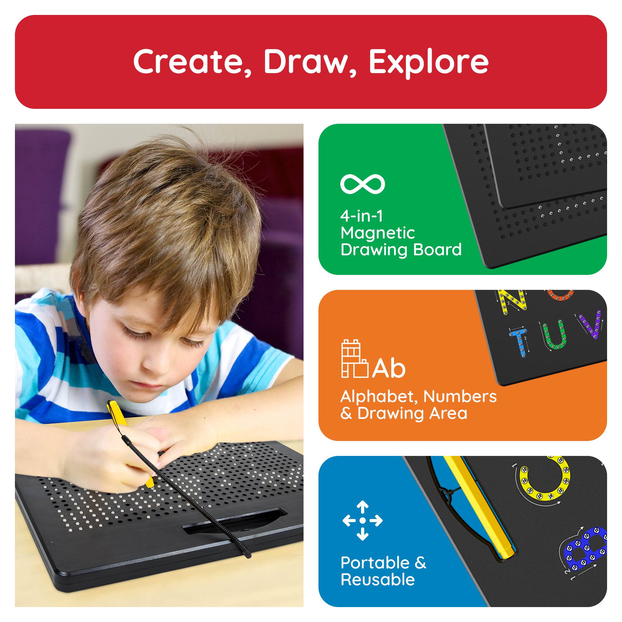 Create, Draw, Explore

4-in-1 Magnetic Drawing Board

Ab Alphabet, Numbers & Drawing Area

Portable & Reusable