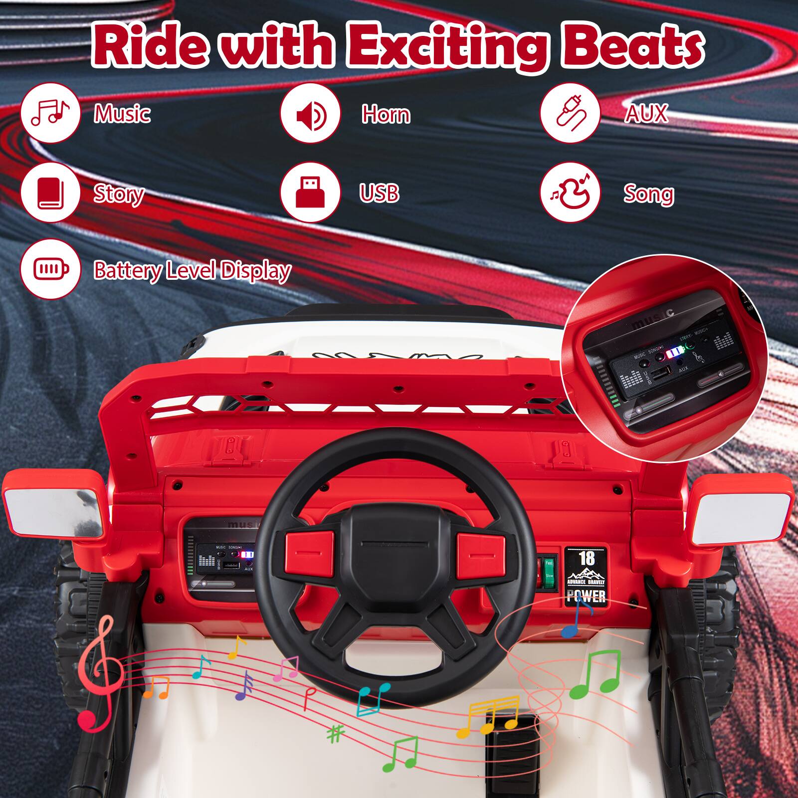 Ride with Exciting Beats

- Music
- Horn
- AUX
- Story
- USB
- Song
- Battery Level Display

mus - ART - MUSIC SONGHI AUX
musi
AND -
18
ANLACE GRAVELY POWER