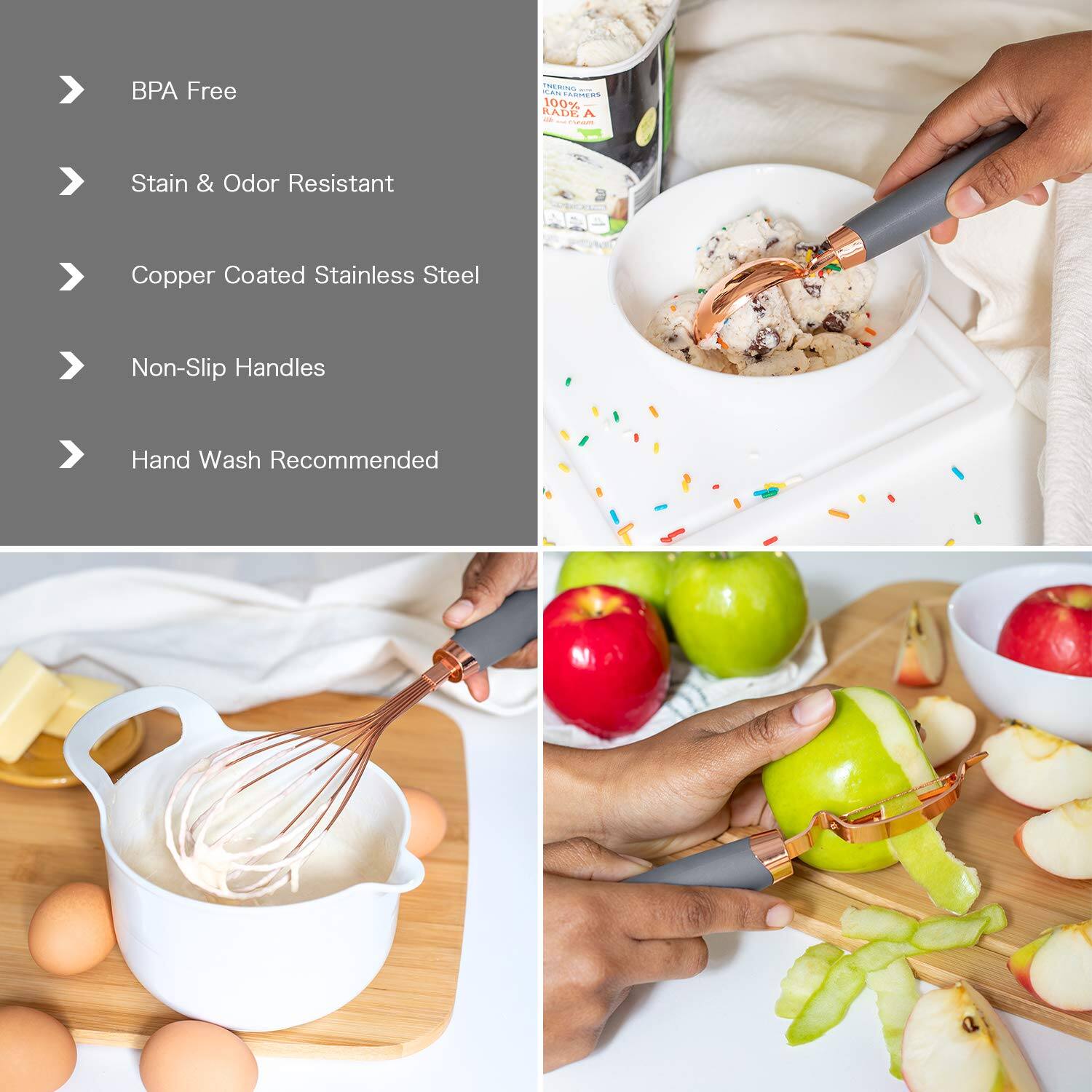 - BPA Free
- Stain & Odor Resistant
- Copper Coated Stainless Steel
- Non-Slip Handles
- Hand Wash Recommended