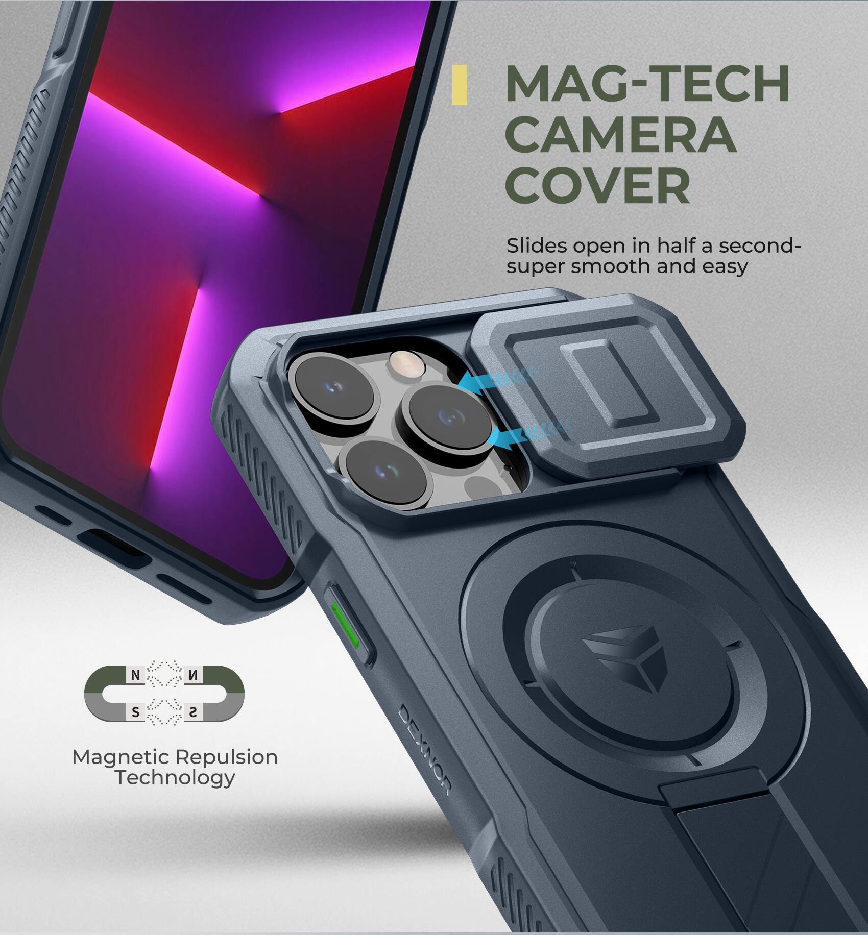 MAG-TECH CAMERA COVER  
Slides open in half a second- super smooth and easy  

Magnetic Repulsion Technology