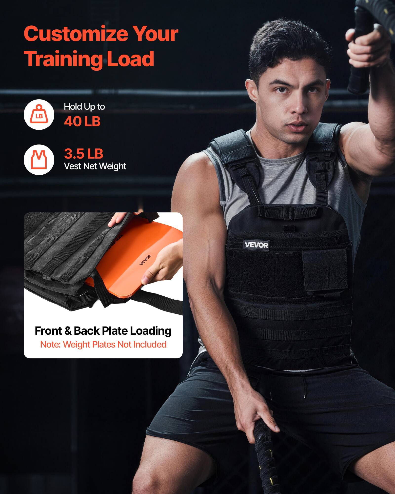 Customize Your Training Load

- Hold Up to 40 LB
- 3.5 LB Vest Net Weight

Front & Back Plate Loading
Note: Weight Plates Not Included