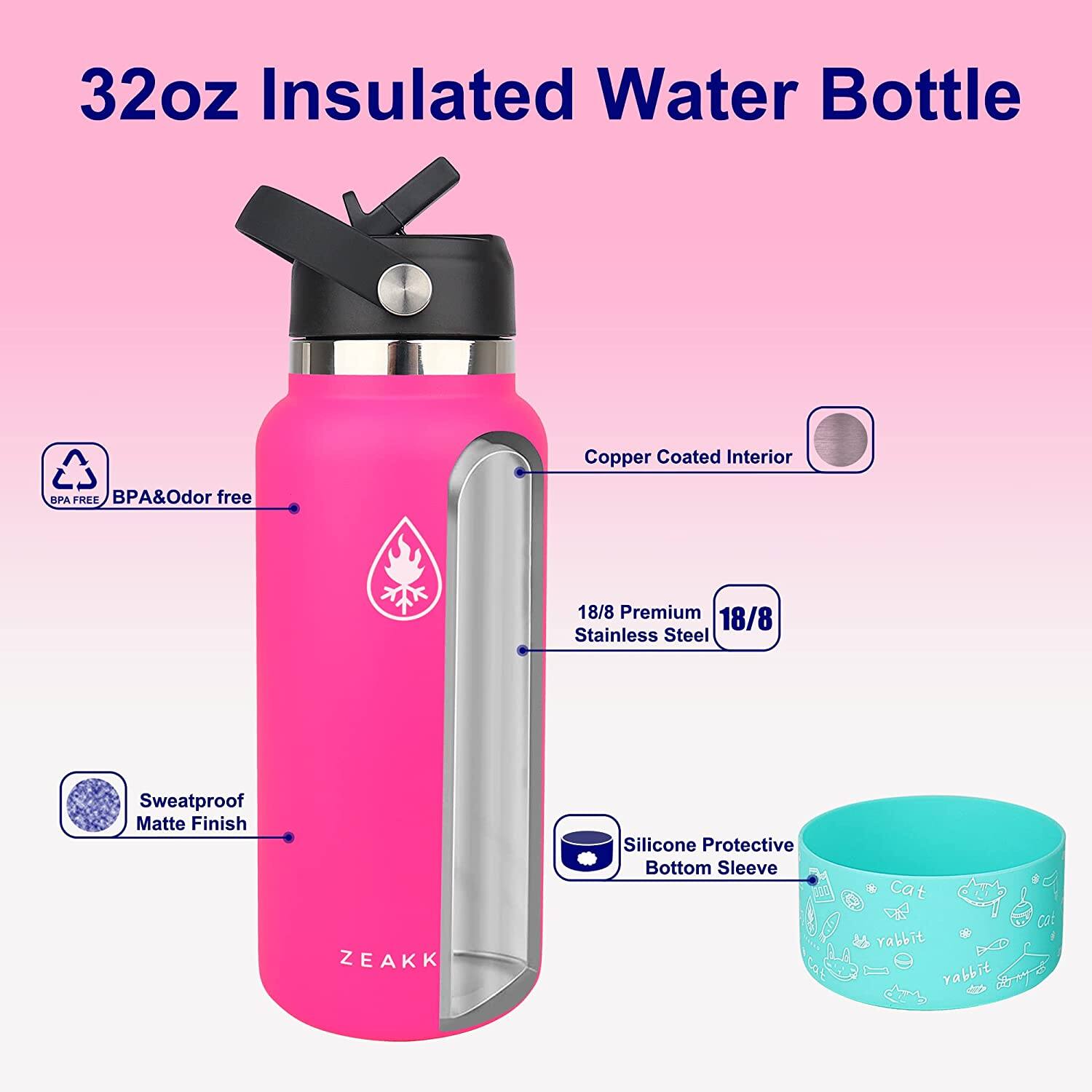 32oz Insulated Water Bottle

- Copper Coated Interior
- 18/8 Premium Stainless Steel
- BPA & Odor Free
- Sweatproof Matte Finish
- Silicone Protective Bottom Sleeve

ZEAKK