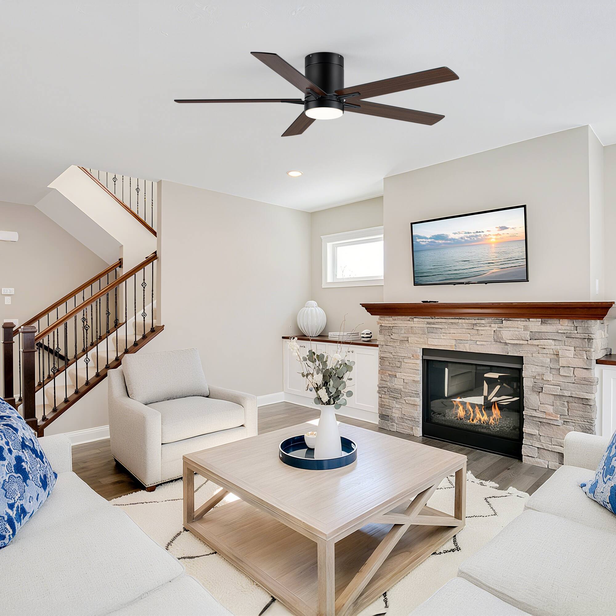 Back. Breezary - 52'' Flush Mount Ceiling Fan, 3-Color Light, 5 Plywood Blades, DC Motor, 6-Speed Remote Control, Timer & Memory - Matte Black and Deep Wood Grain.