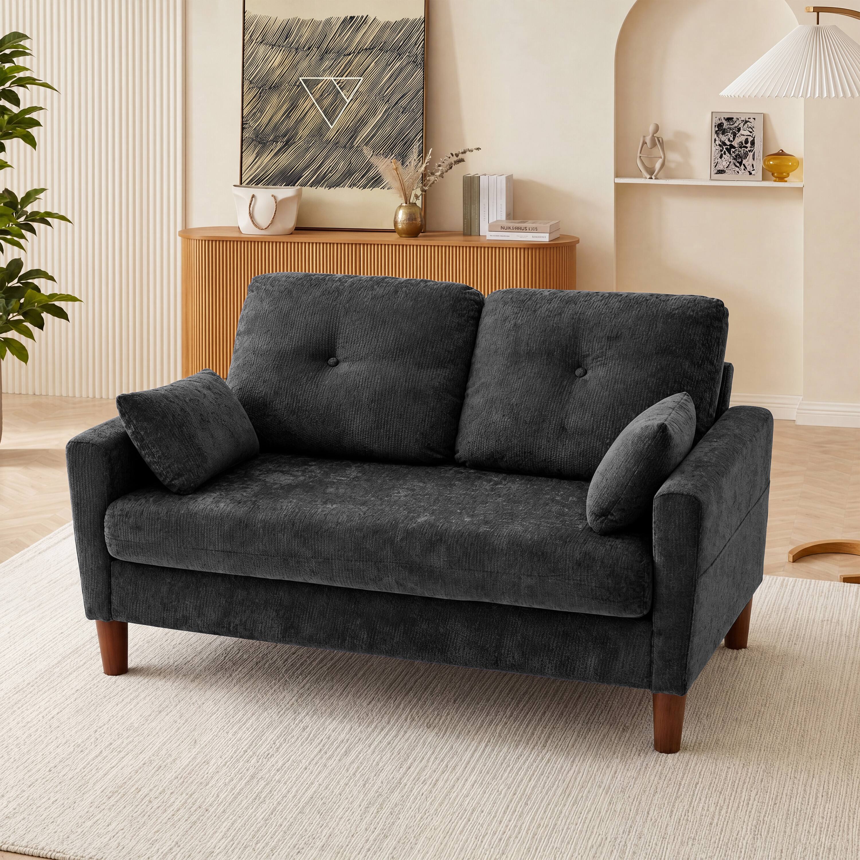 Angle. Vipbear - 48" Small Loveseat Sofa with Side Pockets & Throw Pillow, 2-Seater Chenille Couches for Small Spaces, Bedroom, Apartment - Black.