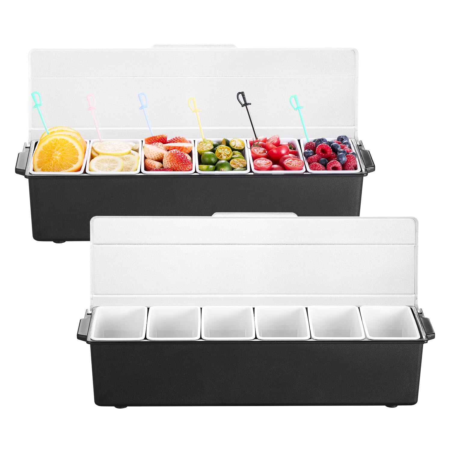 Front. VEVOR - Ice Cooled Condiment Serving Container, 6 Compartments Chilled Server, Fruit Veggie Condiment Caddy, Plastic Garnish - Black.
