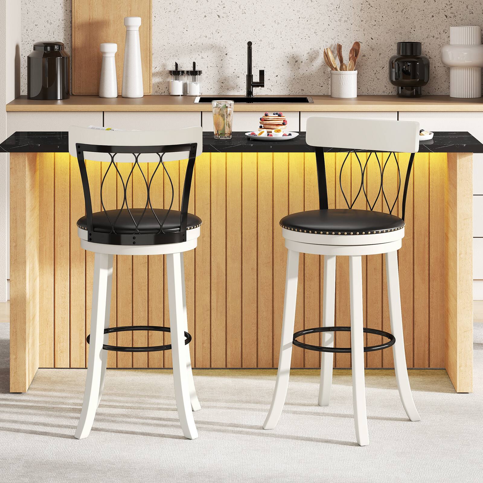 Alt View 1. Gymax - Gymax 29'' Set of 2 Bar Stools w/ Footrest Rubber Wood Frame & Tufted Rivets - Black.