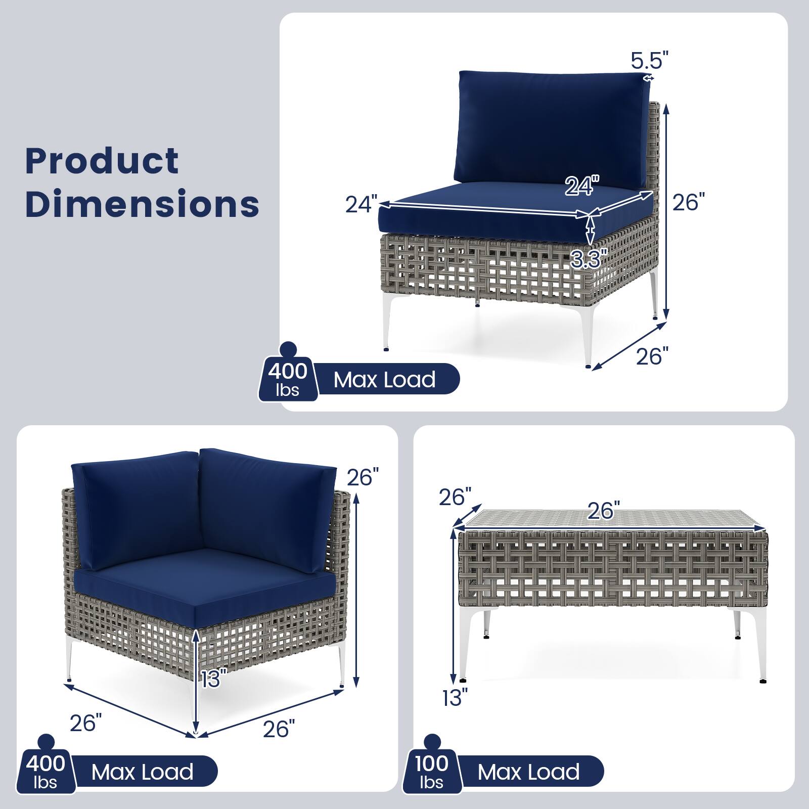 Product Dimensions

- 5.5" (Height)
- 24" (Width)
- 26" (Depth)
- 3.3" (Seat Height)
- 26" (Armrest Height)
- 26" (Leg Height)
- 26" (Width)
- 13" (Depth)
- 26" (Width)
- 13" (Depth)

Max Load

- 400 lbs
- 400 lbs
- 100 lbs