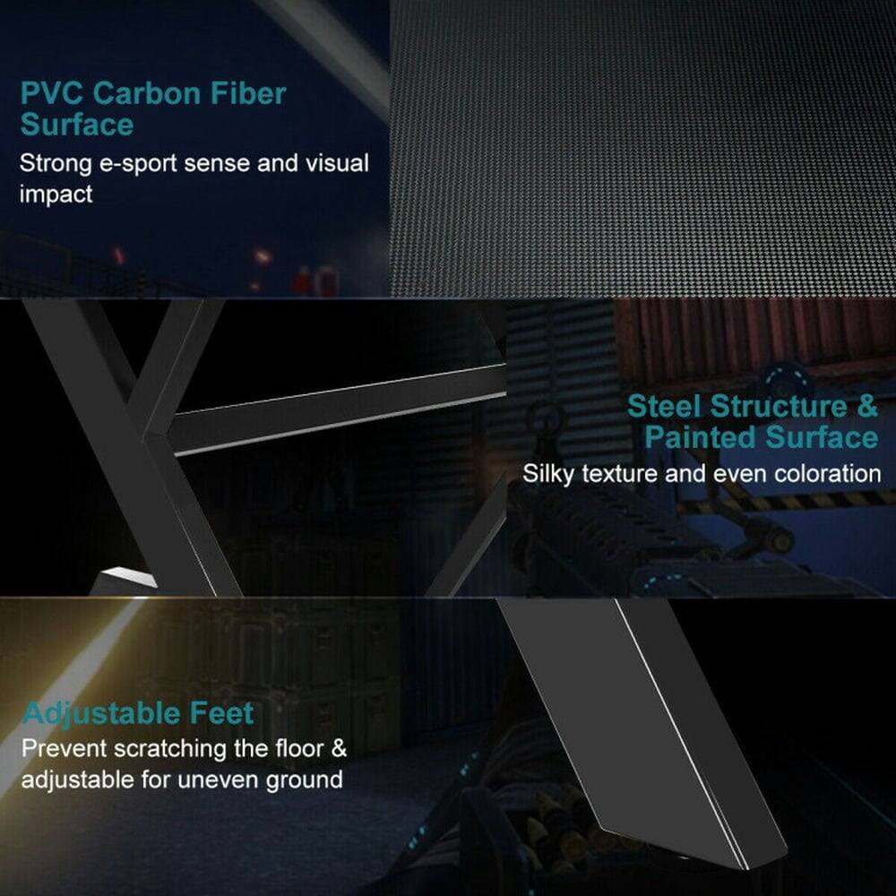 PVC Carbon Fiber Surface  
Strong e-sport sense and visual impact  

Steel Structure & Painted Surface  
Silky texture and even coloration  

Adjustable Feet  
Prevent scratching the floor & adjustable for uneven ground