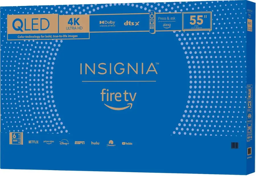 QLED 4K ULTRA HD Color technology for bold, true-to-life images. Dolby dtsx VISION-ATMOS. Press & ask alexa. 55" Class 54.5" diagonal INSIGNA TC QLED T 5 TM INSIGNIA firetv tv.