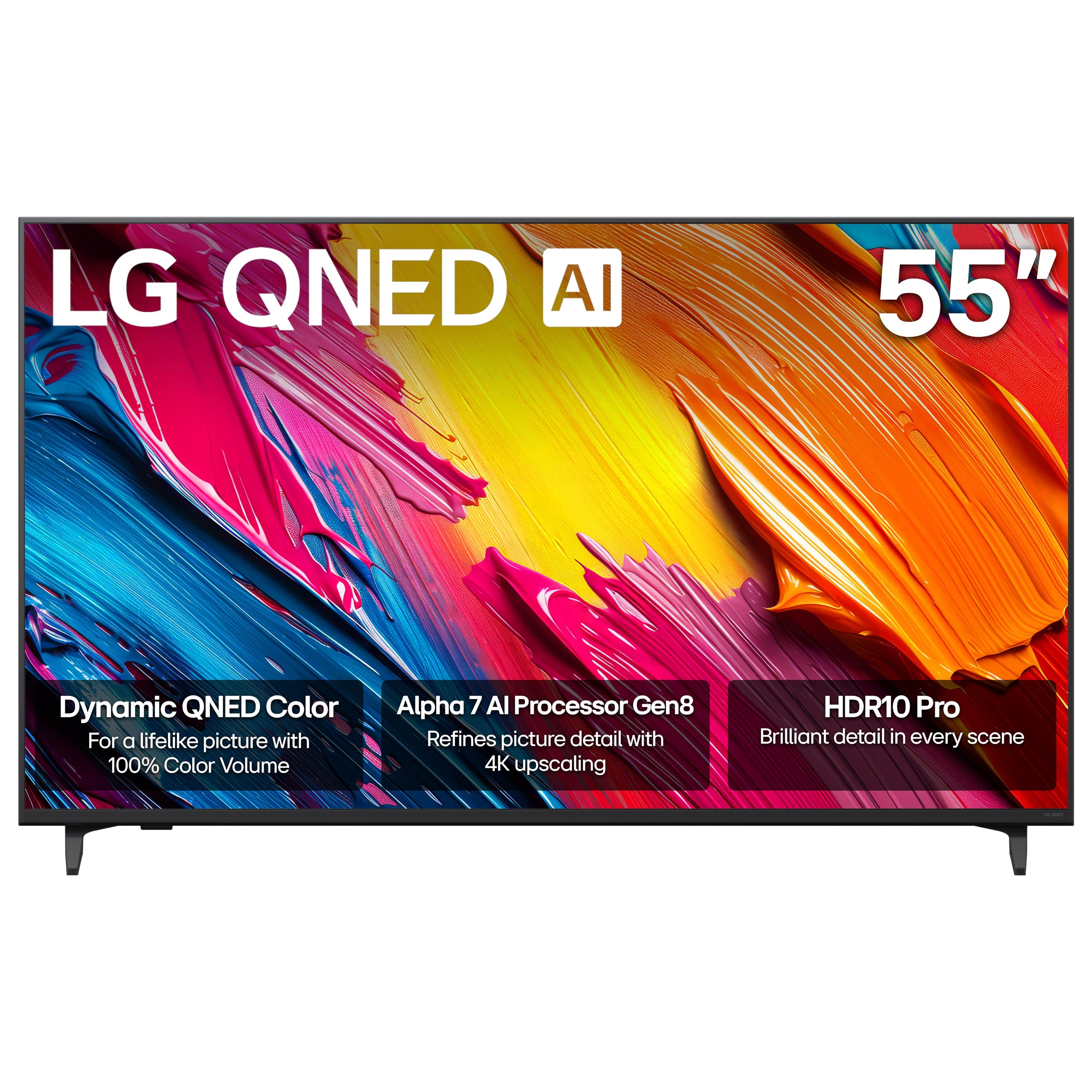 LG QNED AI
55"
Dynamic QNED Color
For a lifelike picture with 100% Color Volume
Alpha 7 AI Processor Gen8
Refines picture detail with 4K upscaling
HDR10 Pro
Brilliant detail in every scene