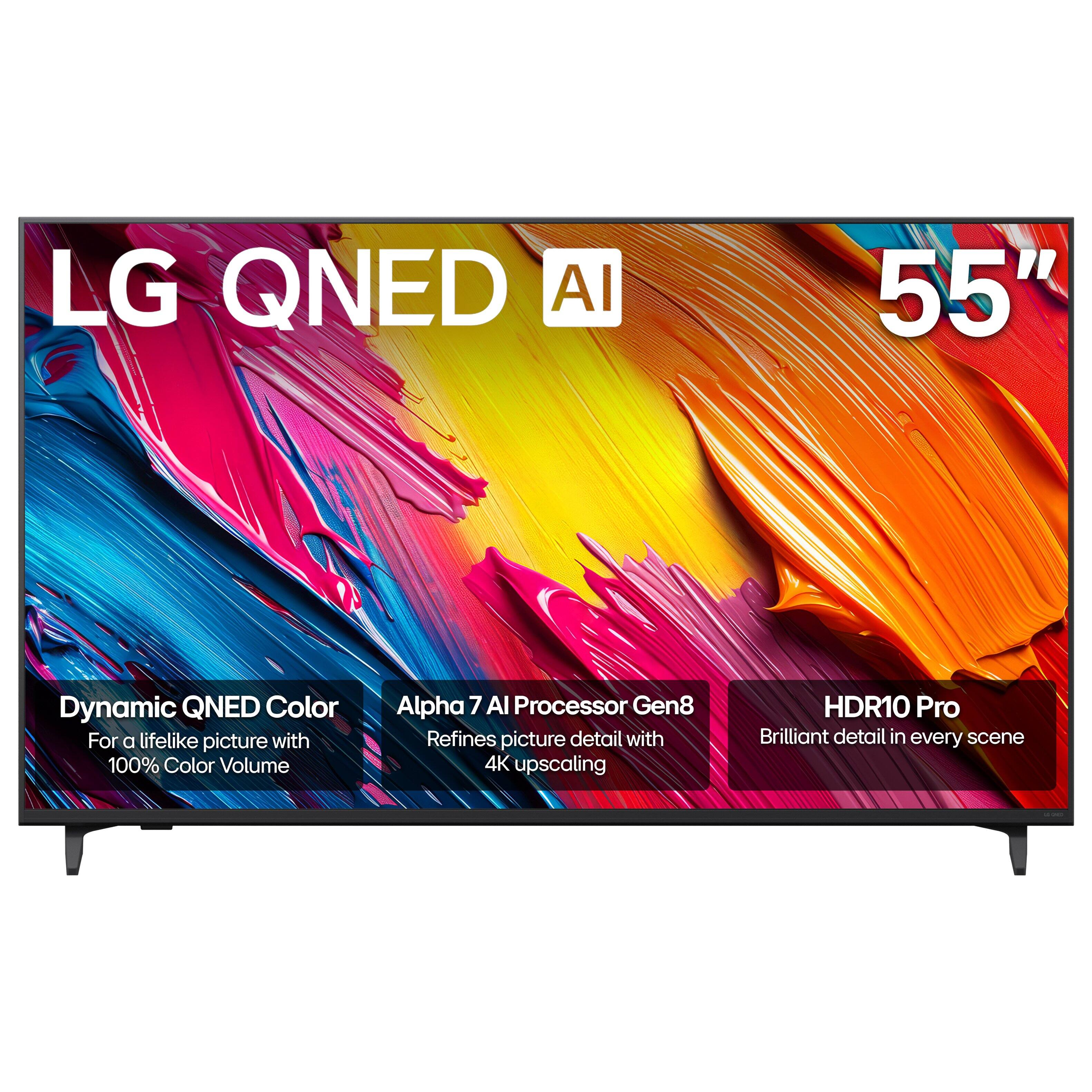 LG QNED AI  
55"  

Dynamic QNED Color  
For a lifelike picture with 100% Color Volume  

Alpha 7 AI Processor Gen8  
Refines picture detail with 4K upscaling  

HDR10 Pro  
Brilliant detail in every scene