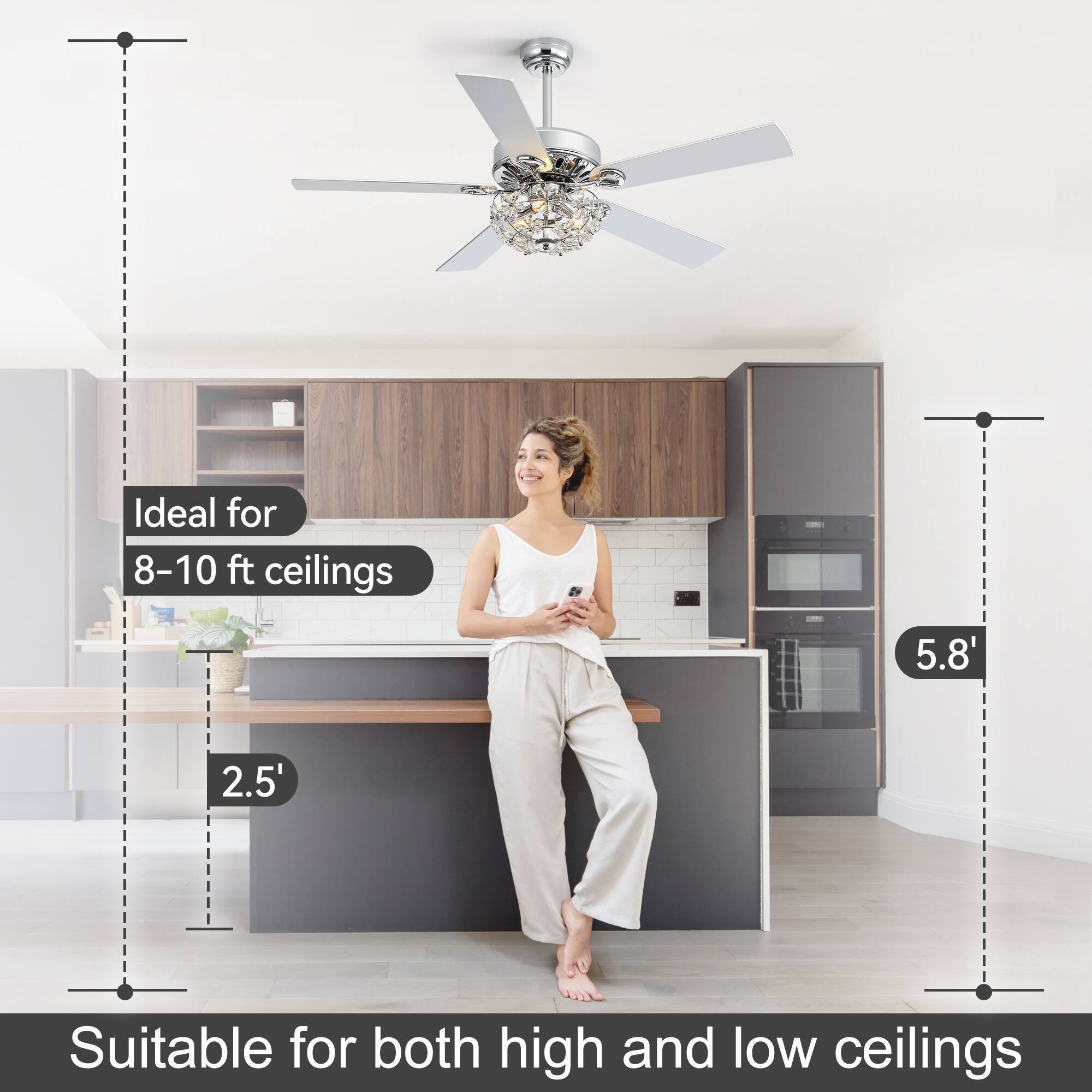 Ideal for 8-10 ft ceilings  
2.5'  
5.8'  
Suitable for both high and low ceilings