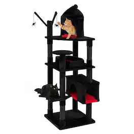 Gymax - Gothic Cat Tree 70'' Cat Tower w Castle House Coffin Bed Spider Hanging Balls Red - Black